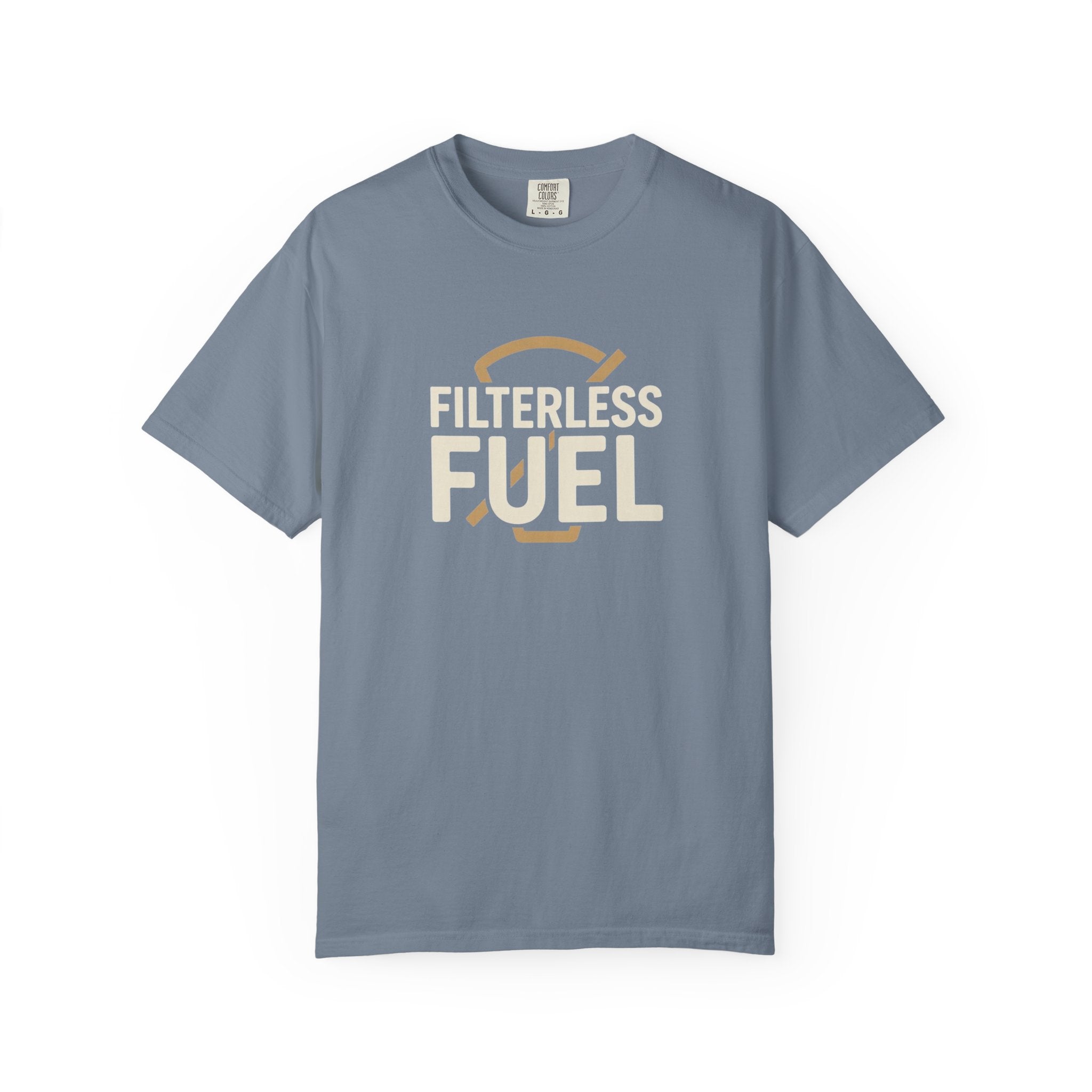 A blue unisex cotton t-shirt featuring the text Filterless Fuel in a retro graphic design.