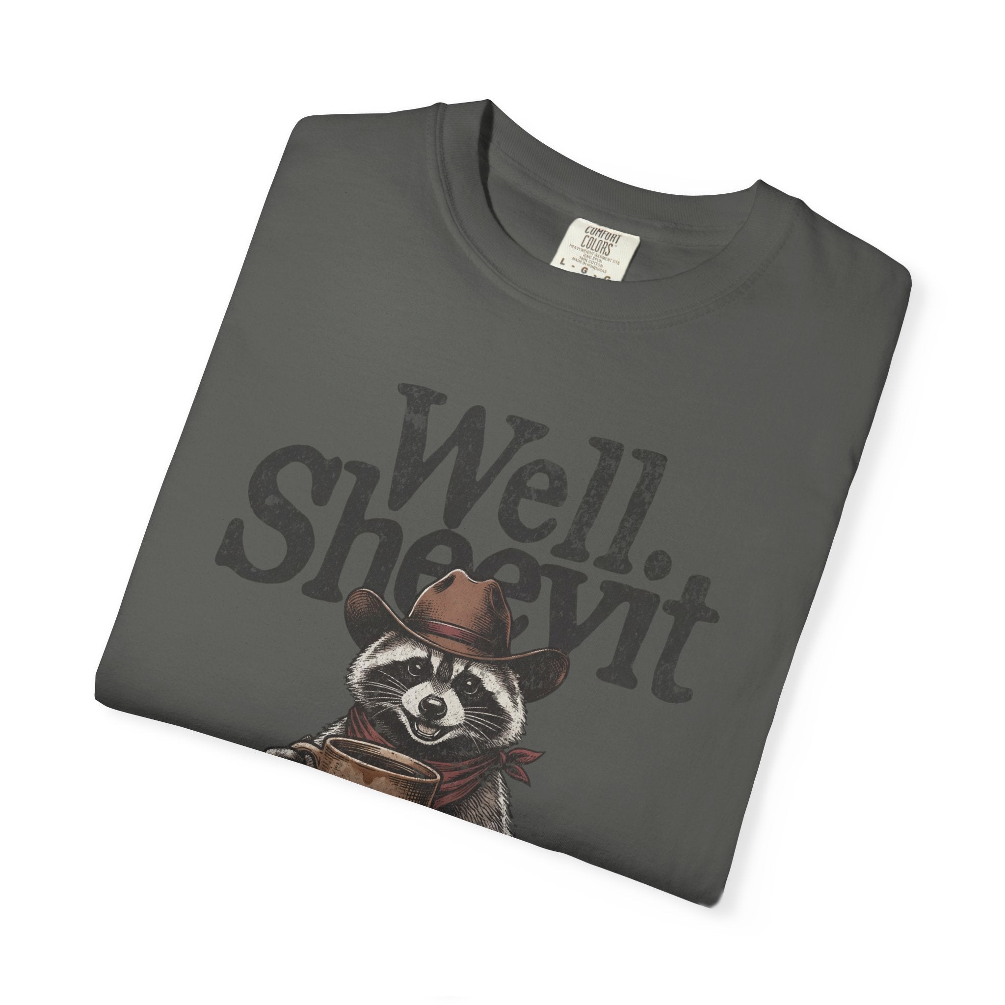 Folded charcoal grey t-shirt with a graphic of a raccoon in a cowboy hat holding a coffee mug.
