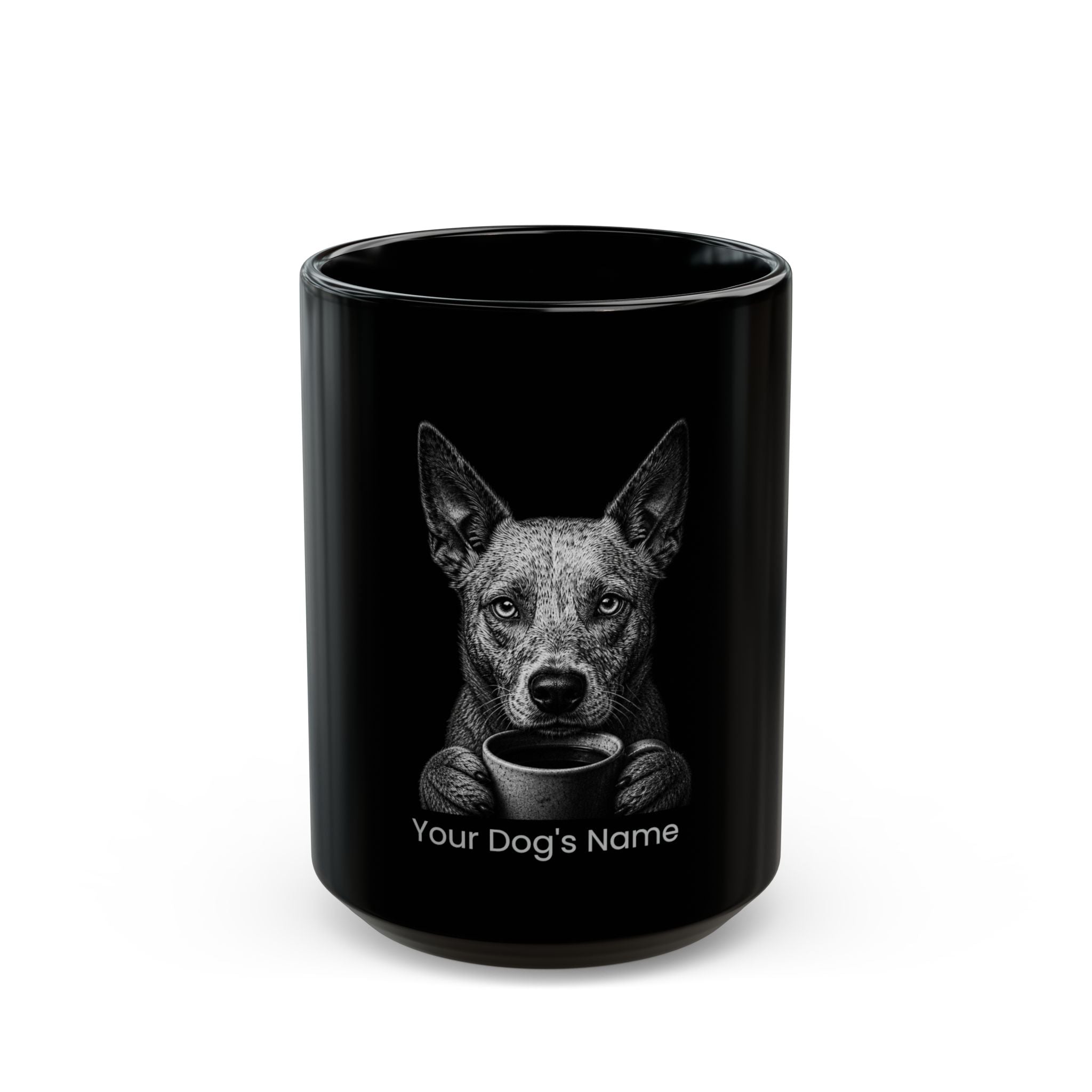 Personalized Dingo Heeler black ceramic coffee mug with custom dog name