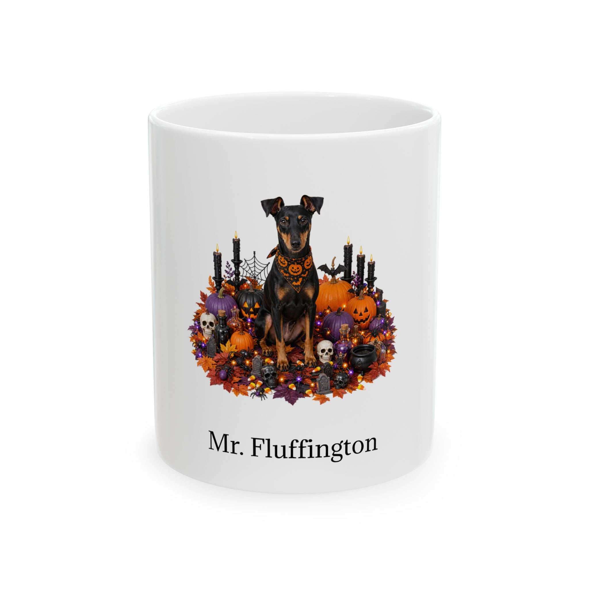 Personalized Manchester Terrier dog Halloween mug, 11oz white ceramic, with custom pet name on front