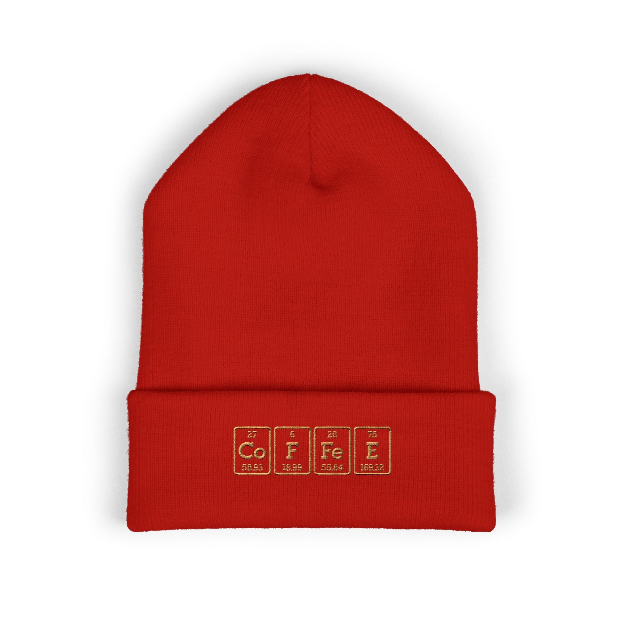 Red cuffed beanie with "COFFEE" spelled out using periodic table elements.