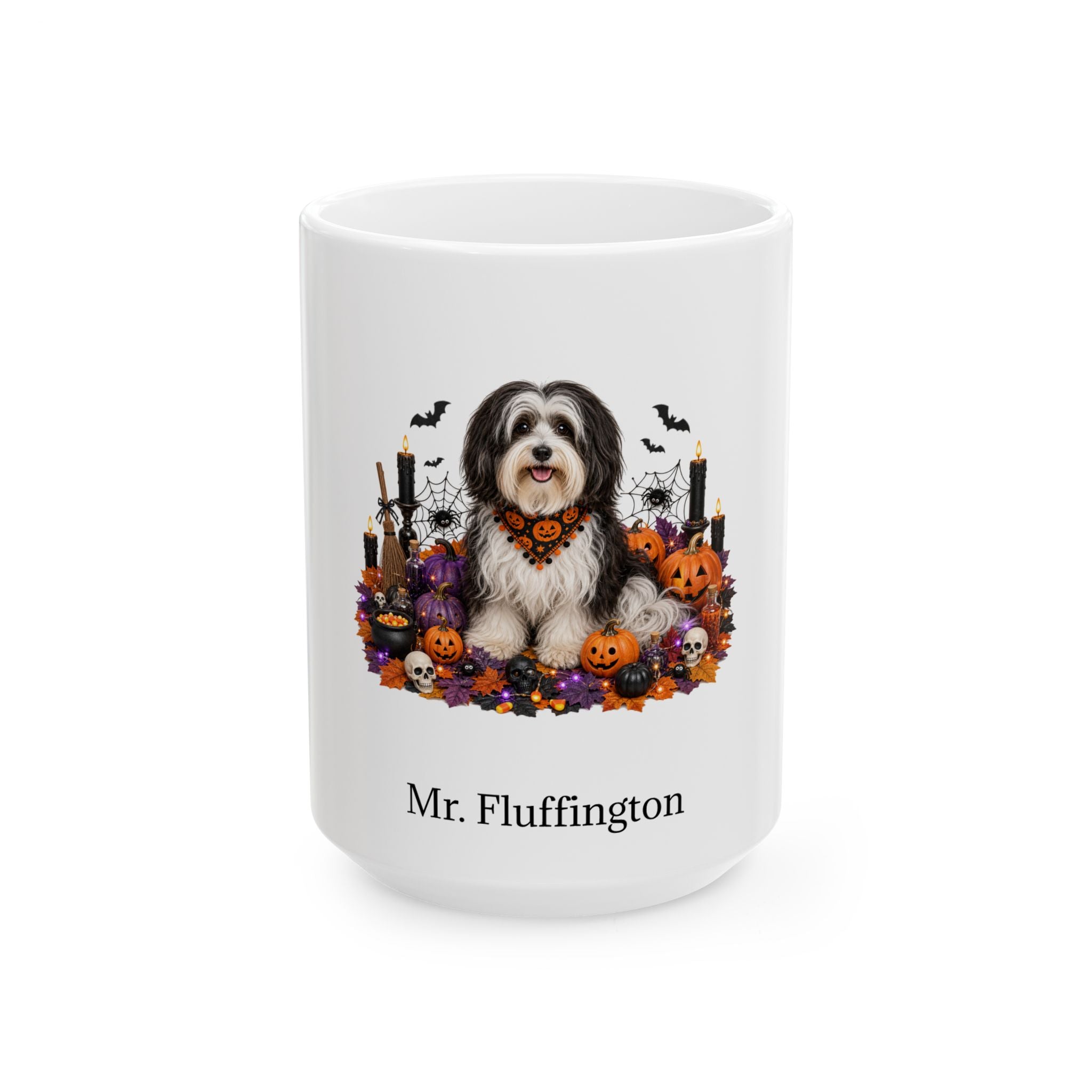 Personalized Havanese dog Halloween mug, 15oz white ceramic, with custom pet name on front