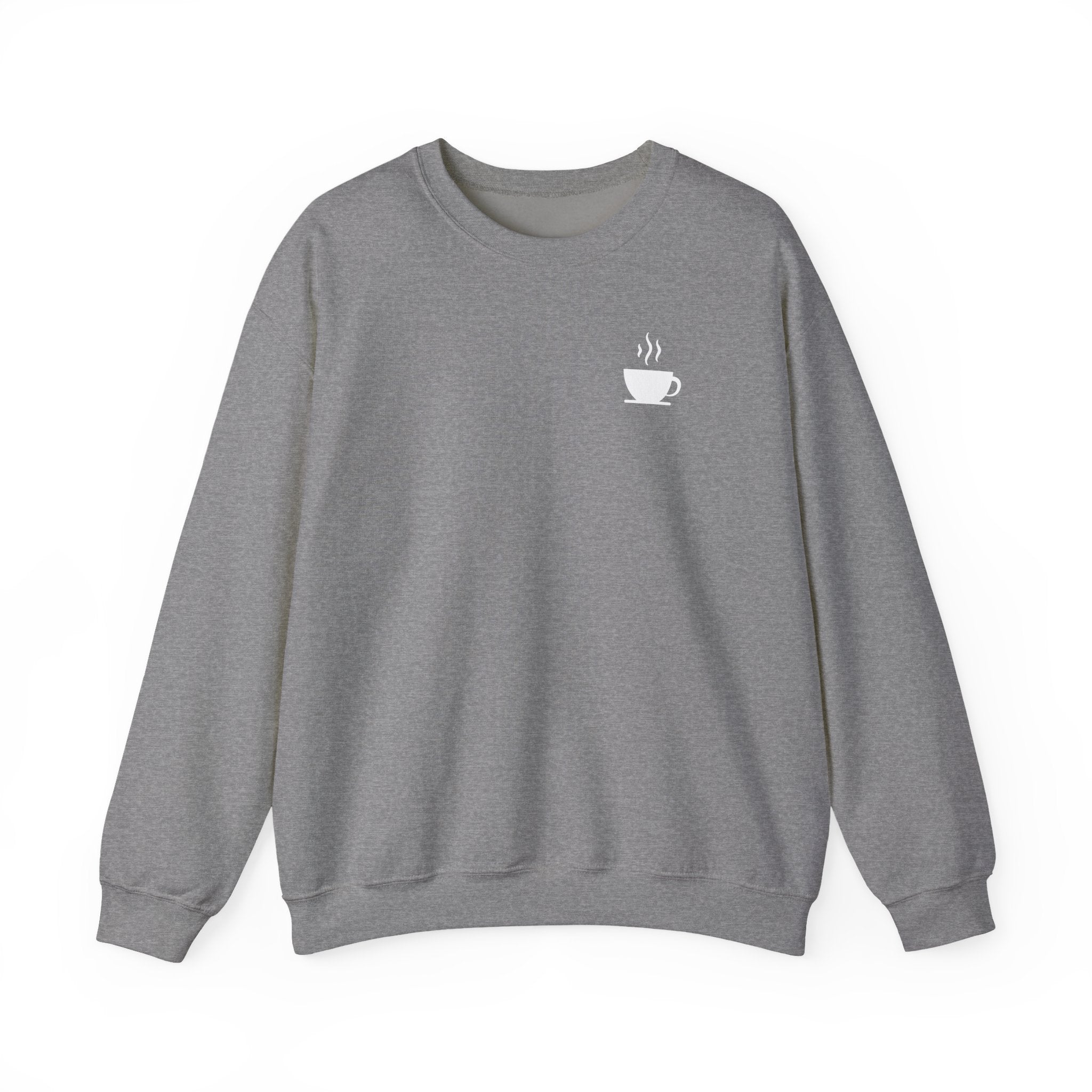A grey crewneck sweatshirt featuring a small white steaming coffee cup icon on the left chest.