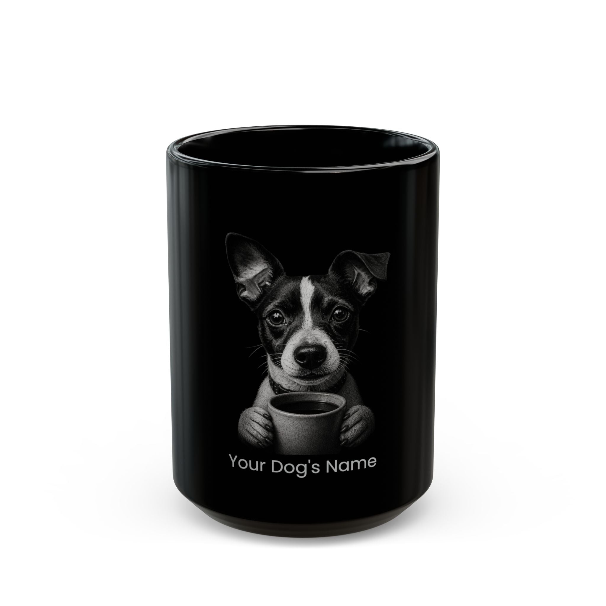 Personalized Rat Terrier black ceramic coffee mug with custom dog name