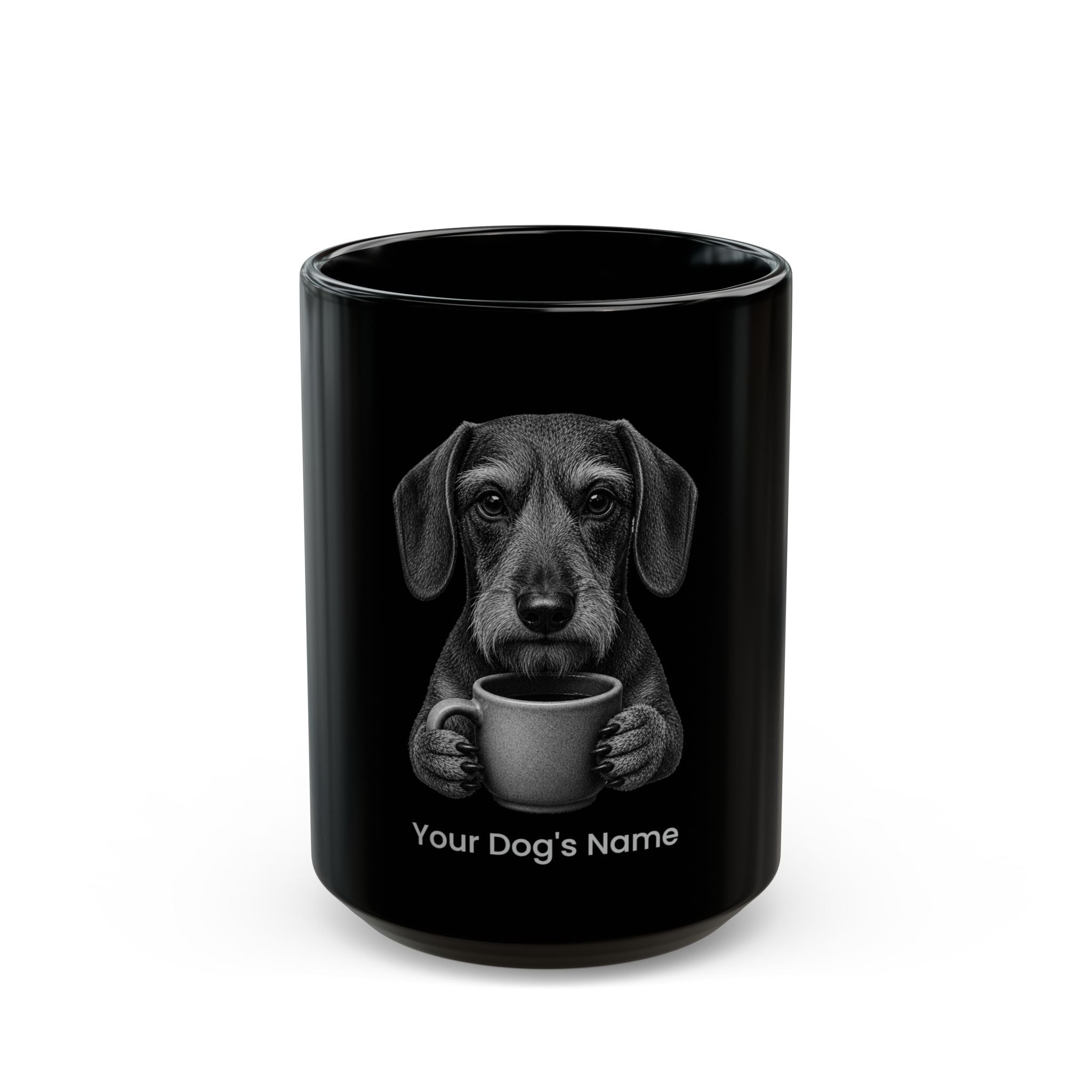 Personalized Wirehaired Dachshund black ceramic coffee mug with custom dog name