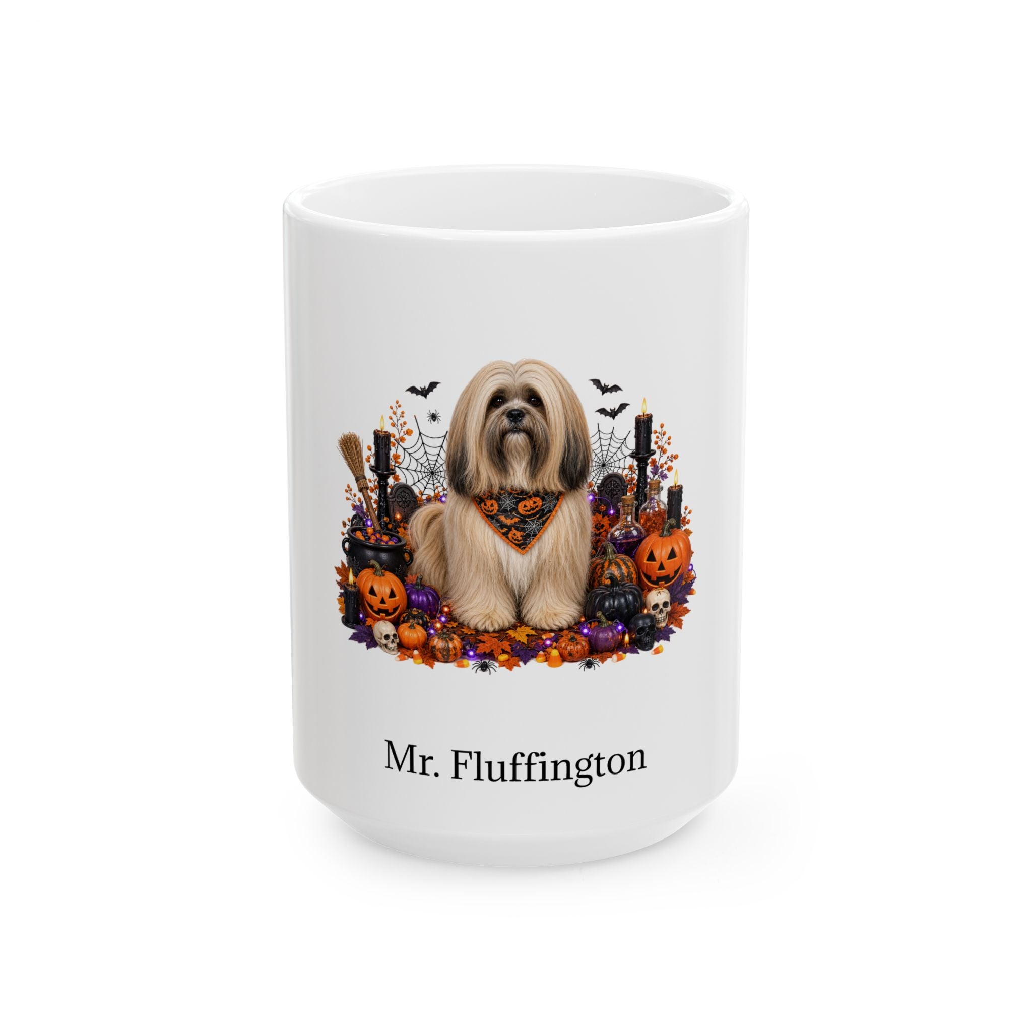 Personalized Lhasa Apso dog Halloween mug, 15oz white ceramic, with custom pet name on front