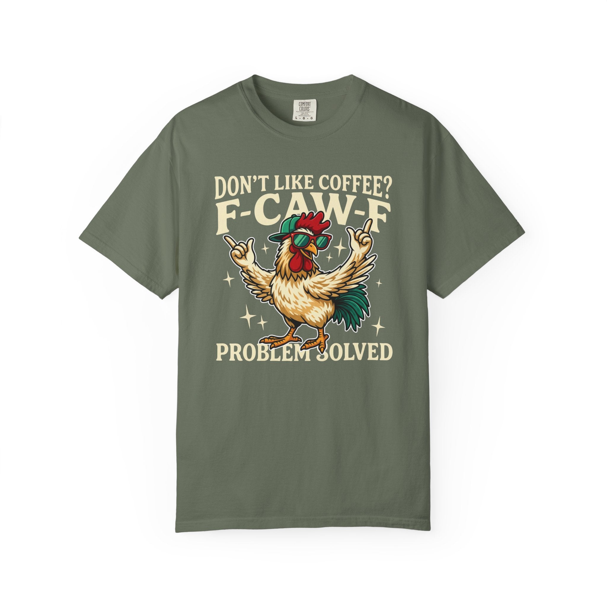 Olive green crewneck t-shirt featuring a cartoon rooster wearing sunglasses and a baseball cap.