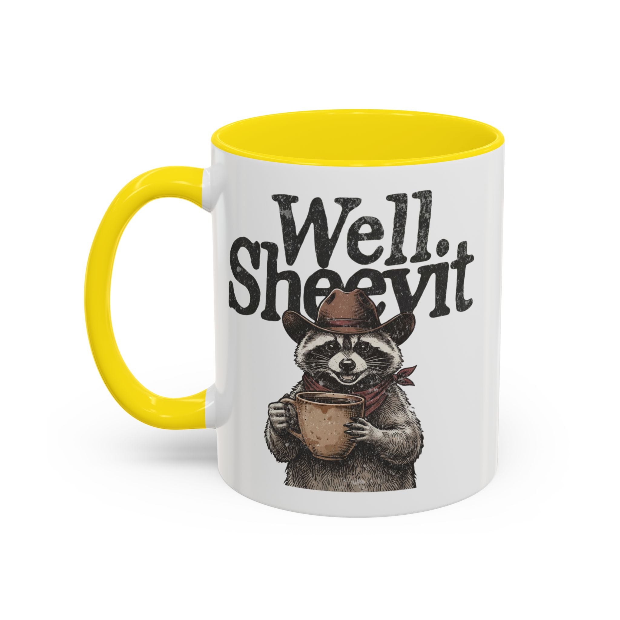 White ceramic mug with a yellow handle and rim, featuring a raccoon in a cowboy hat holding a mug.