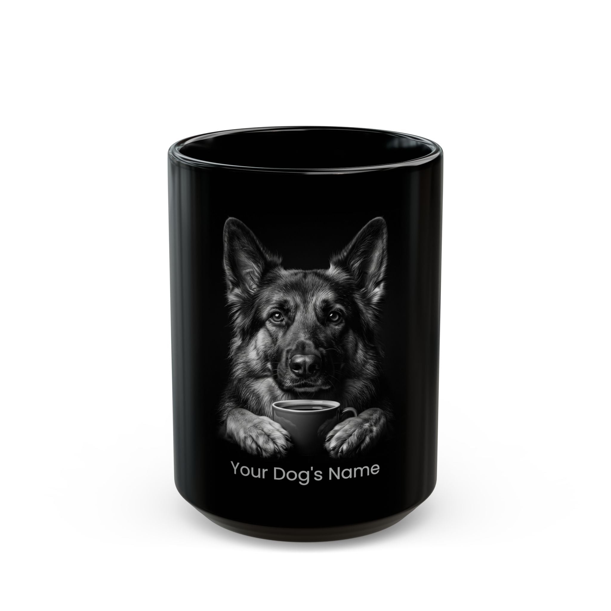 Personalized German Shepherd black ceramic coffee mug with custom dog name