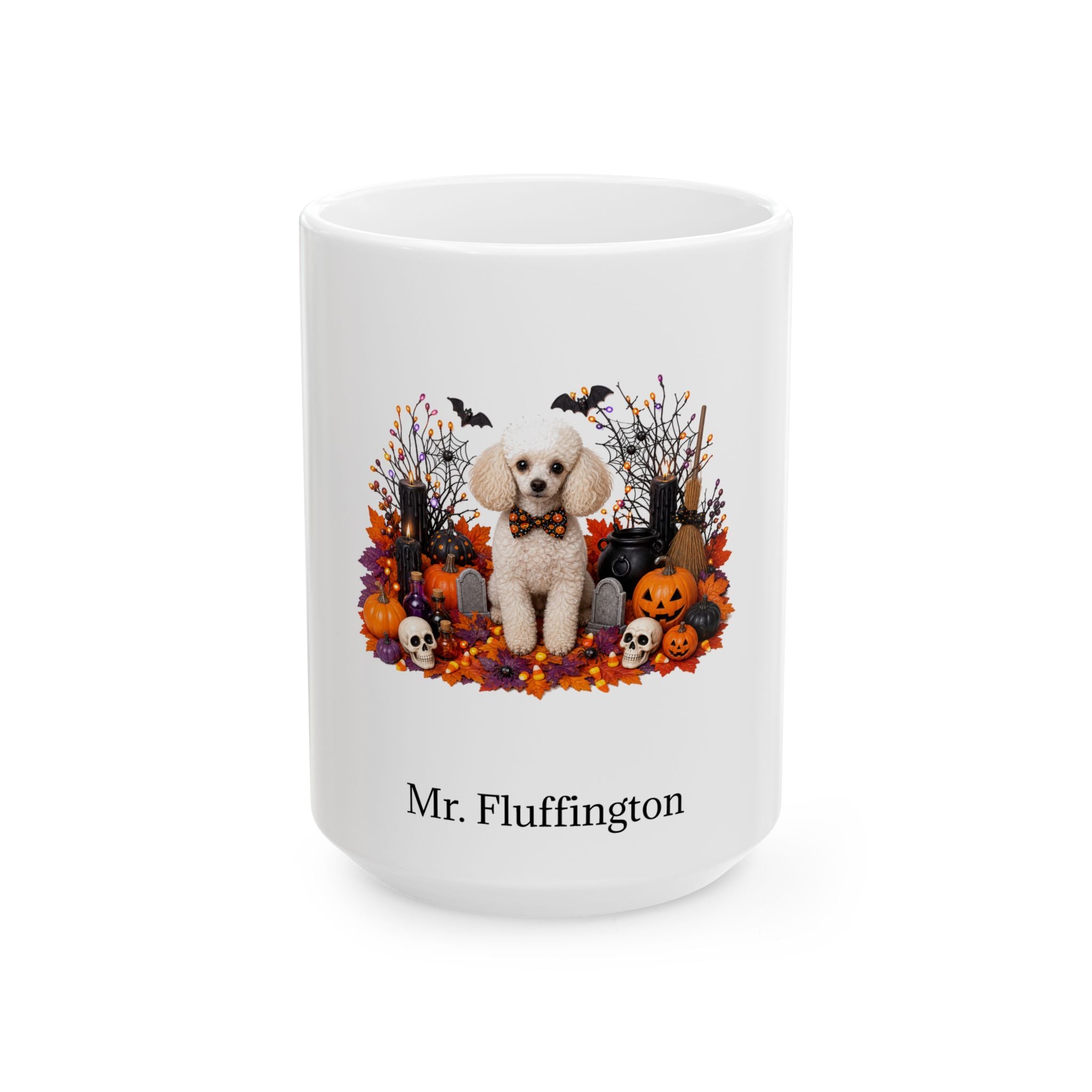 Personalized Toy Poodle dog Halloween mug, 15oz white ceramic, with custom pet name on front