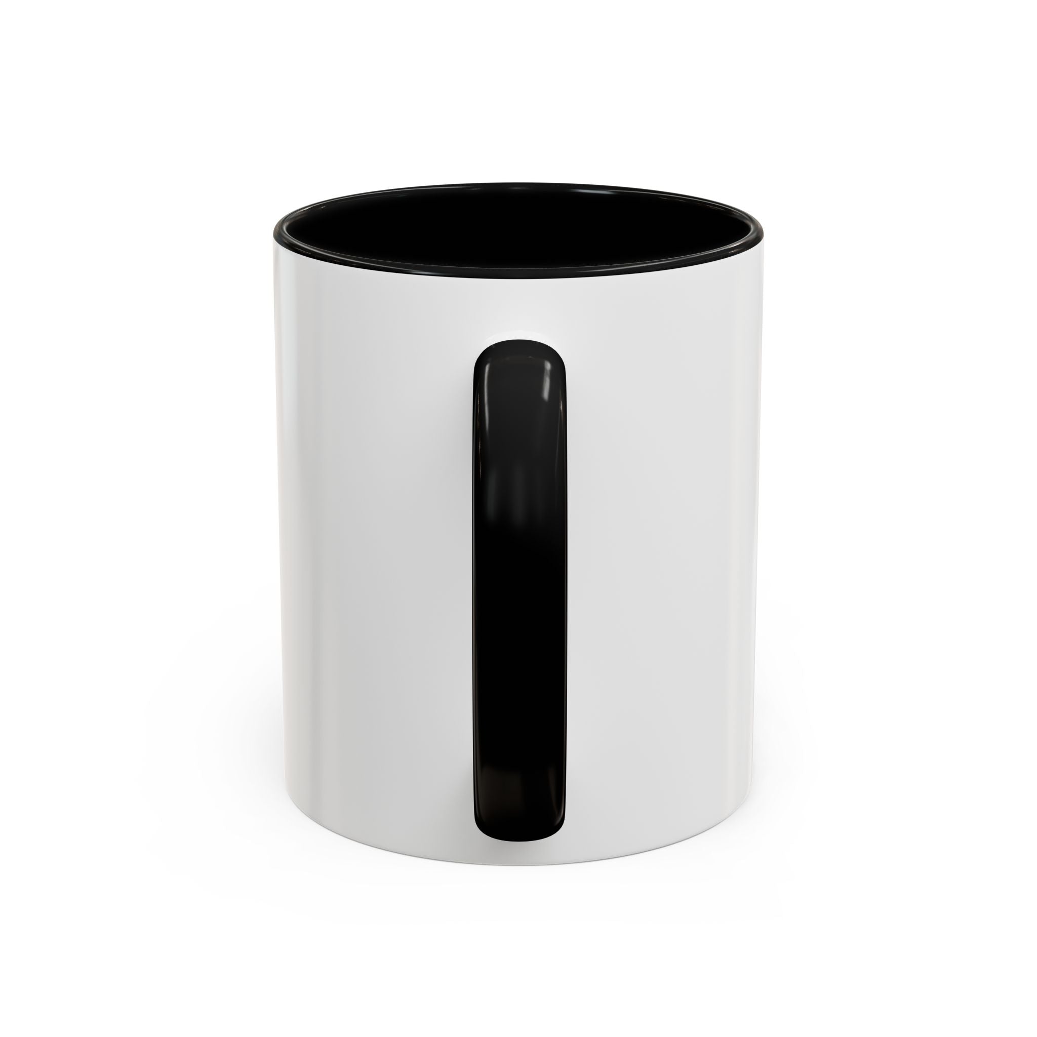 A white ceramic mug with a black handle and black interior, shown from the handle side.