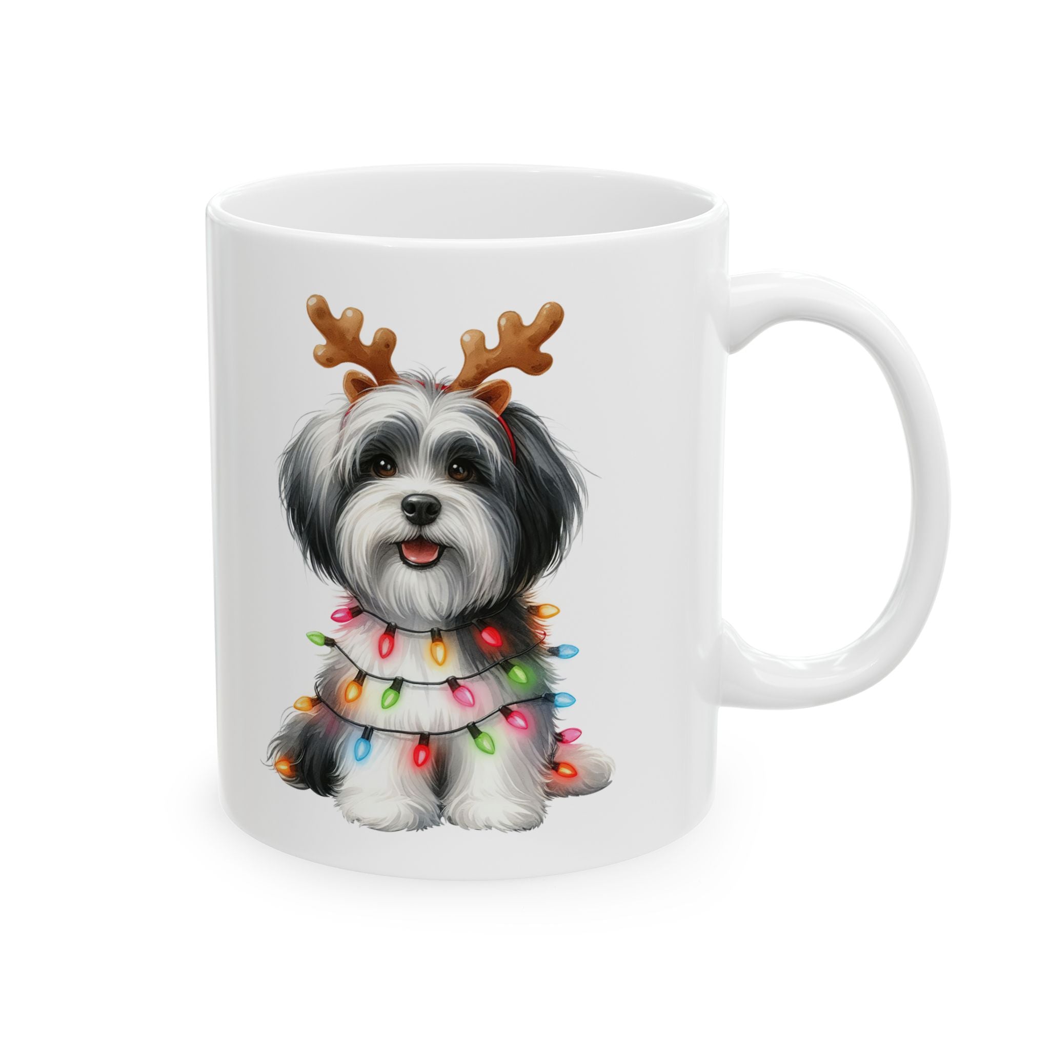White ceramic mug with a Havanese dog wearing reindeer antlers and Christmas lights.