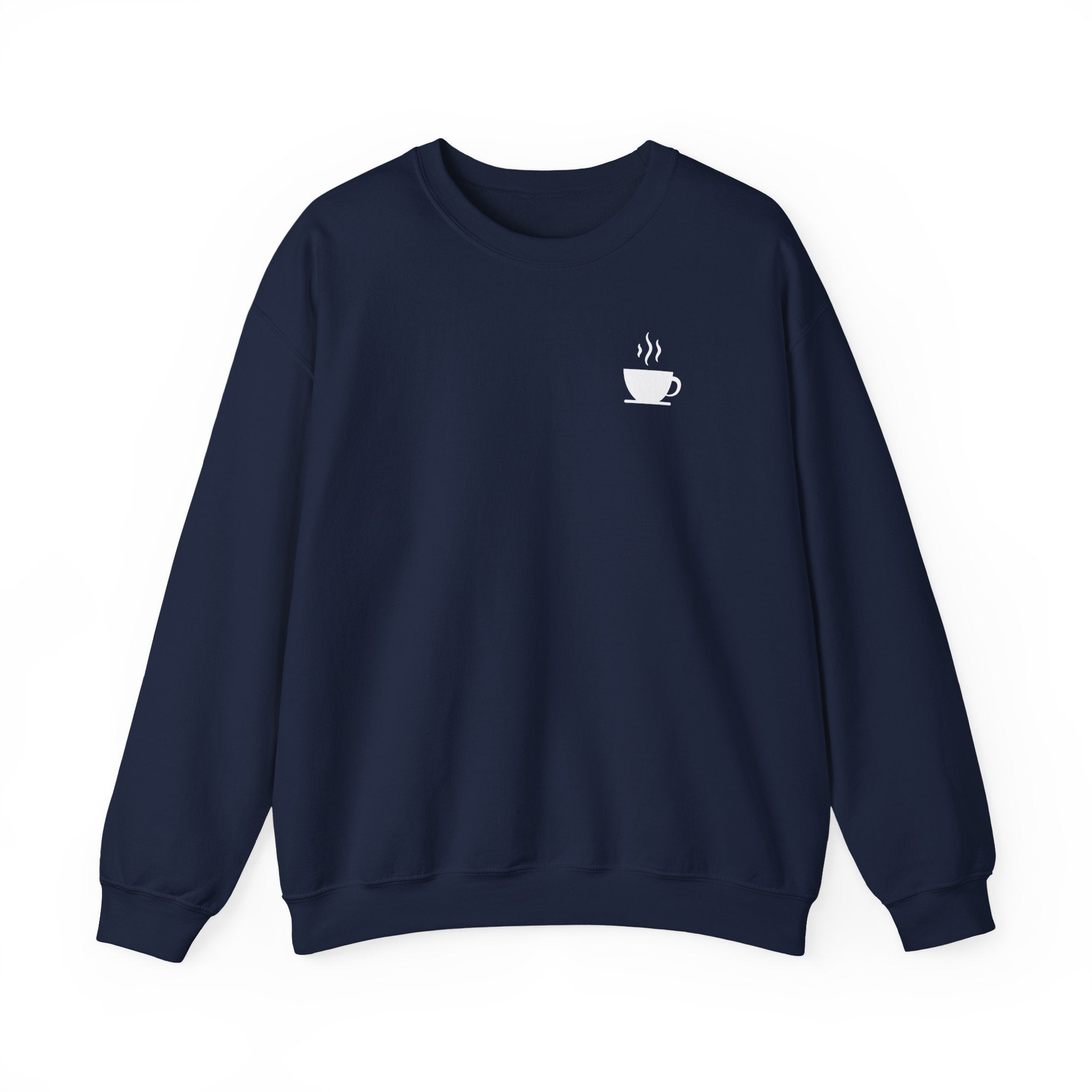 A navy blue crewneck sweatshirt featuring a small white steaming coffee cup icon on the chest.