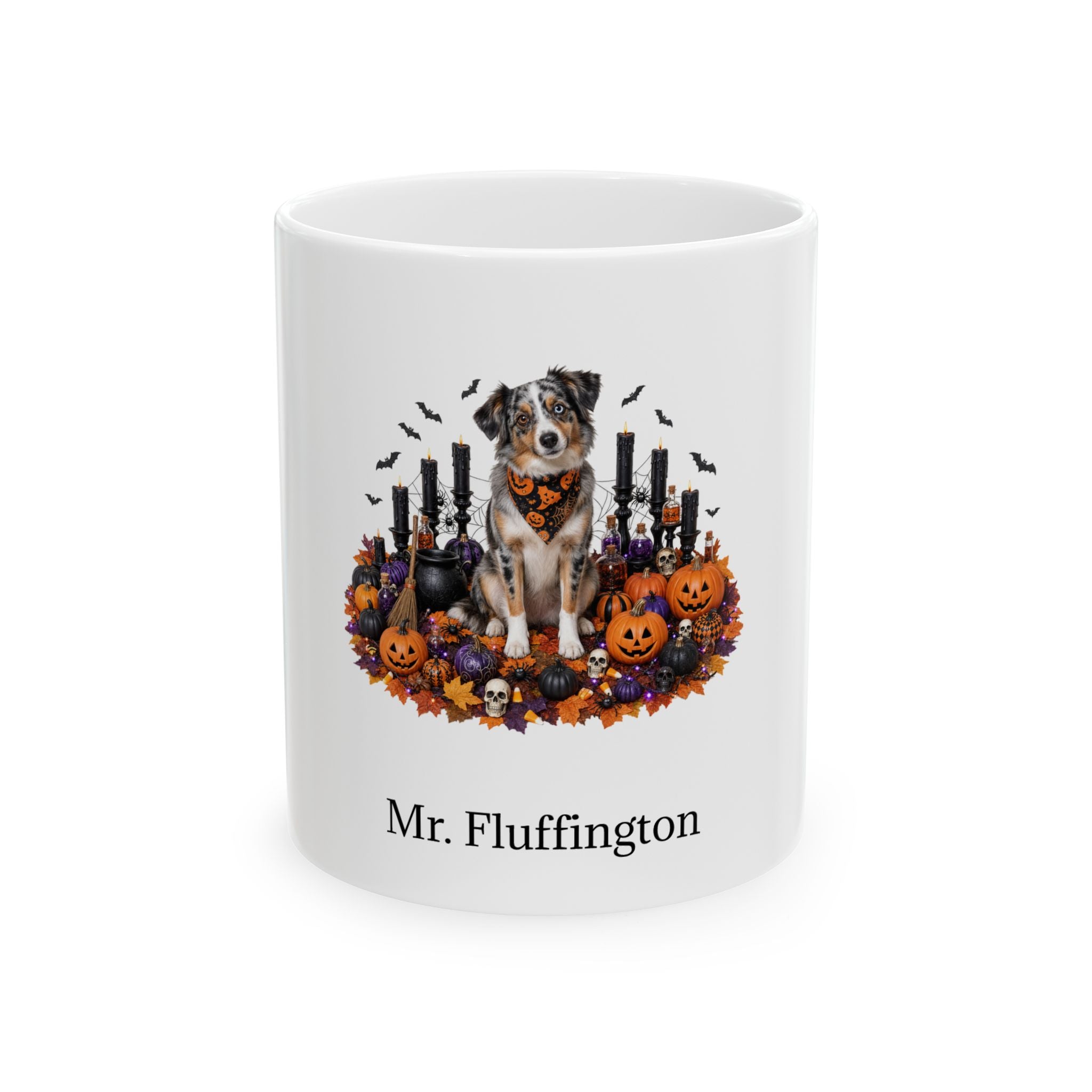 Personalized Miniature American Shepherd dog Halloween mug, 15oz white ceramic, with custom pet name on front