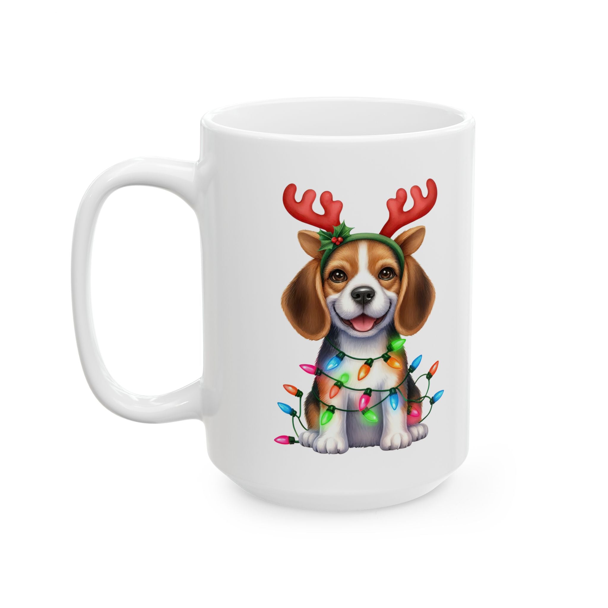 White ceramic mug featuring a beagle puppy wearing reindeer antlers and Christmas lights.