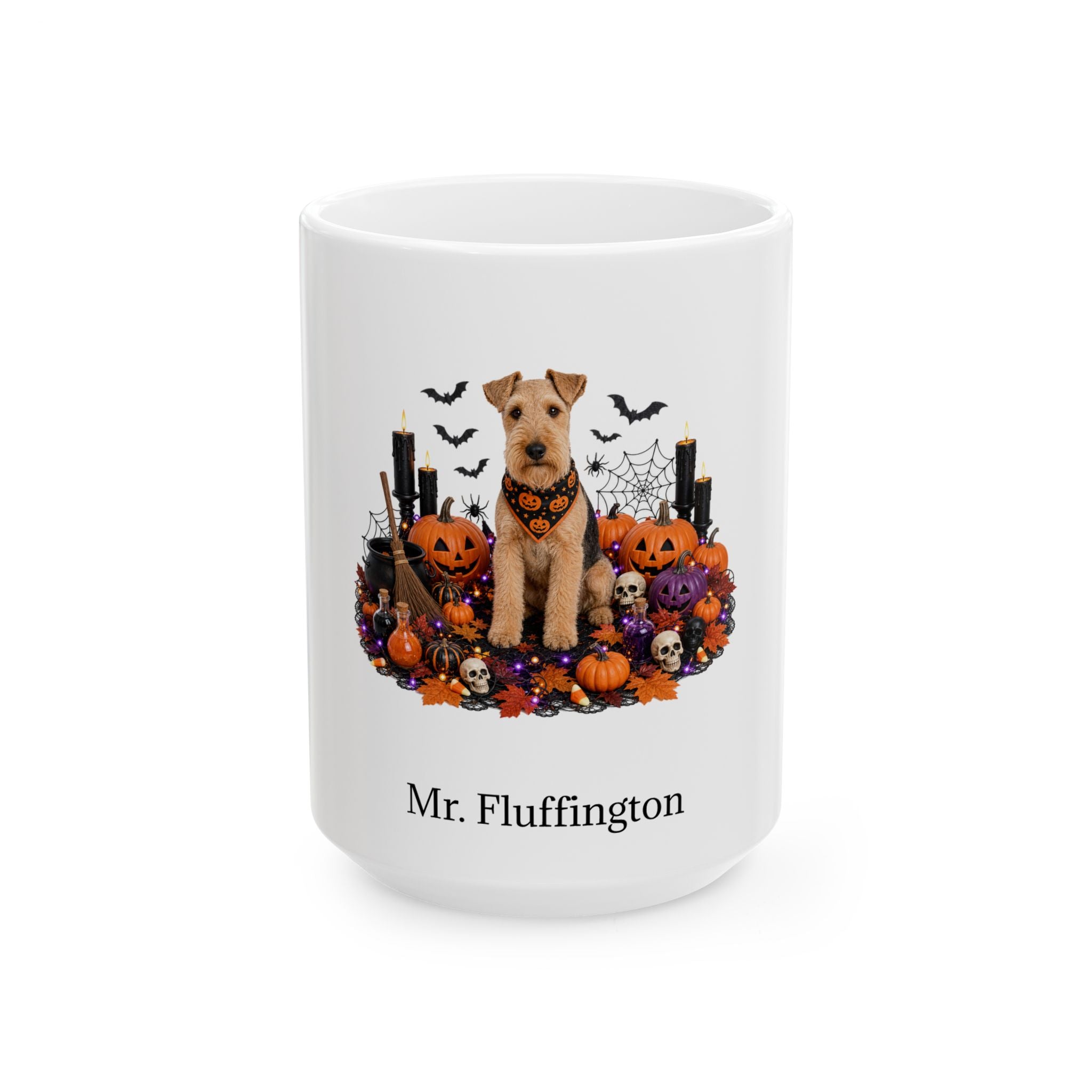 Personalized Lakeland Terrier dog Halloween mug, 15oz white ceramic, with custom pet name on front