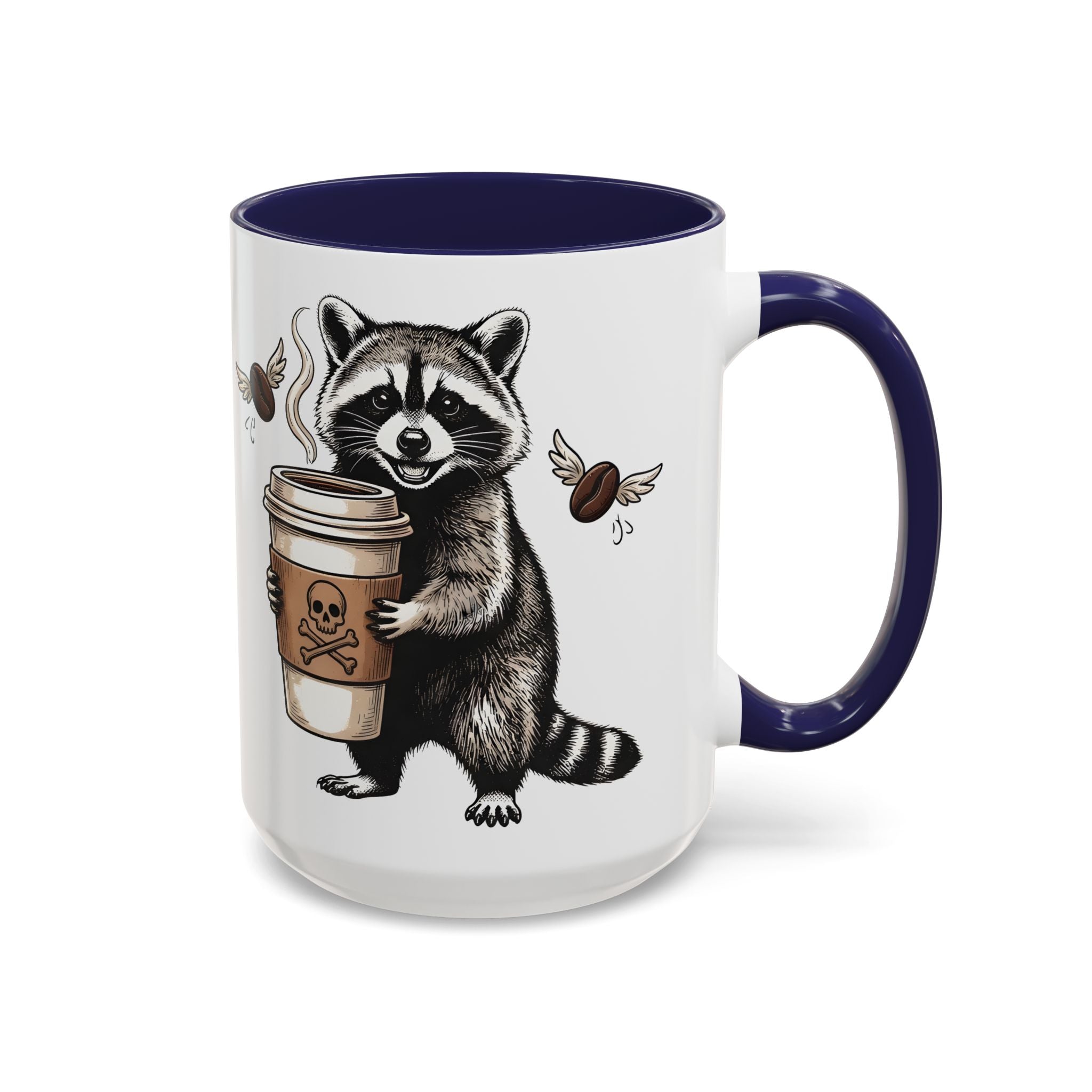 White ceramic mug with a blue handle and interior, featuring a raccoon holding a coffee cup.