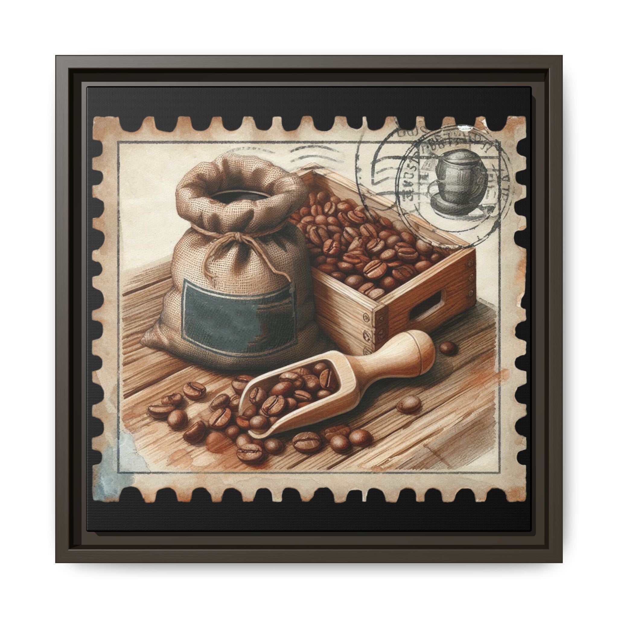 Vintage Coffee Stamp Framed Canvas Art - 14x14 Kitchen Wall Decor