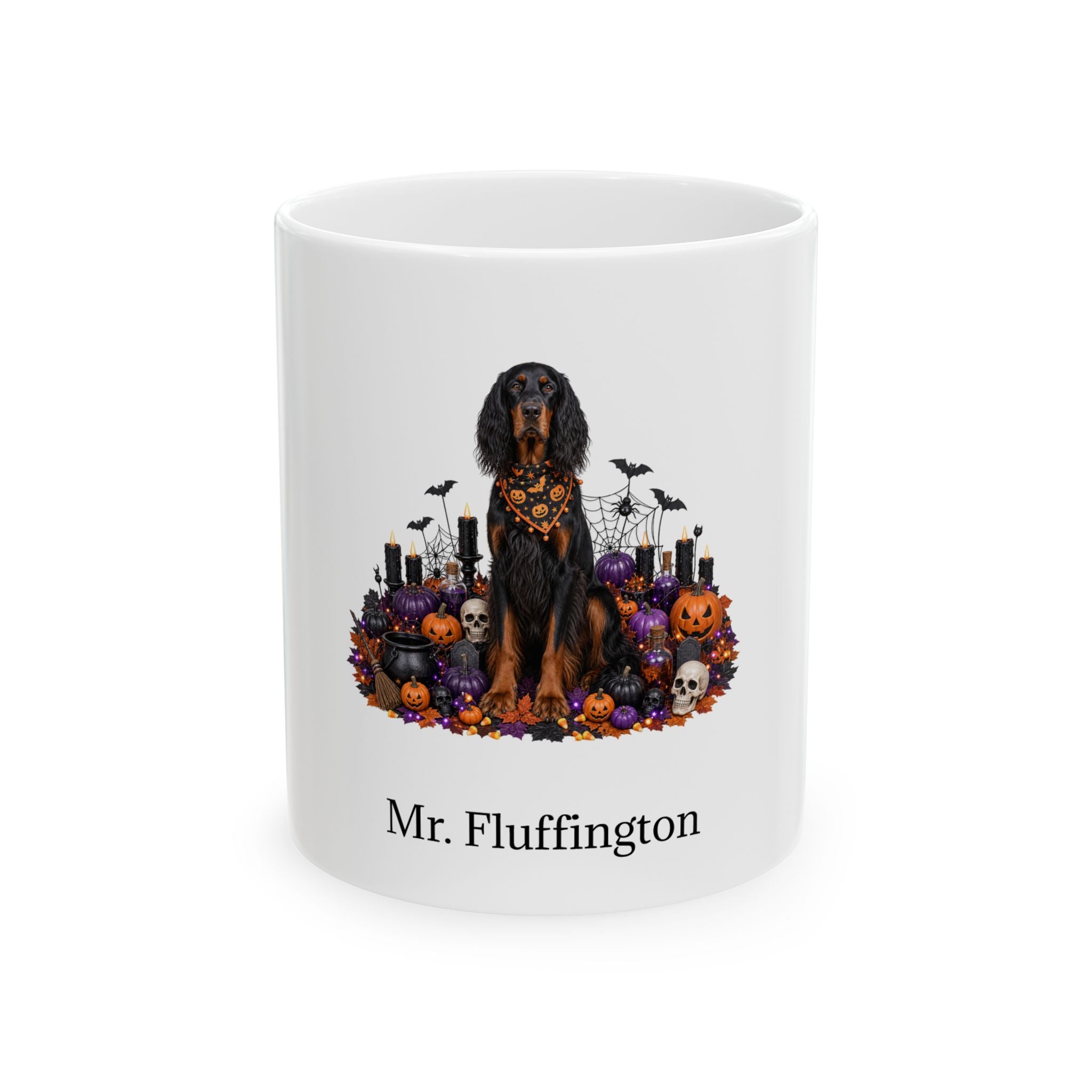 Personalized Gordon Setter dog Halloween mug, 11oz white ceramic, with custom pet name on front