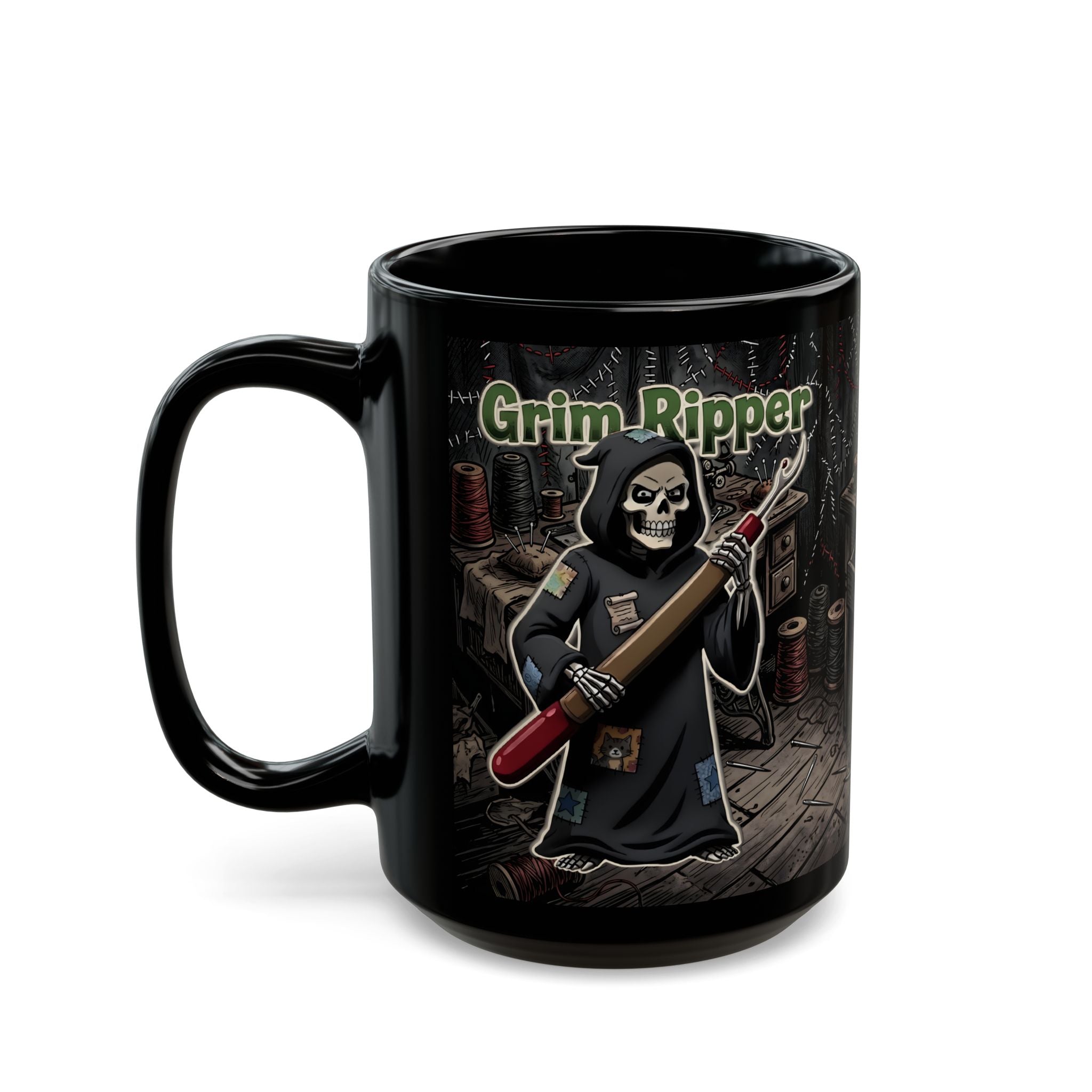 Black ceramic coffee mug featuring a gothic Grim Reaper illustration holding a seam ripper.