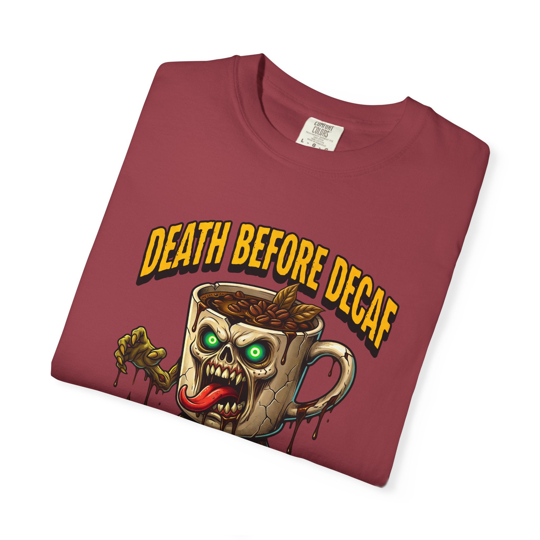A maroon unisex cotton t-shirt featuring a graphic of a zombie coffee mug with glowing green eyes.