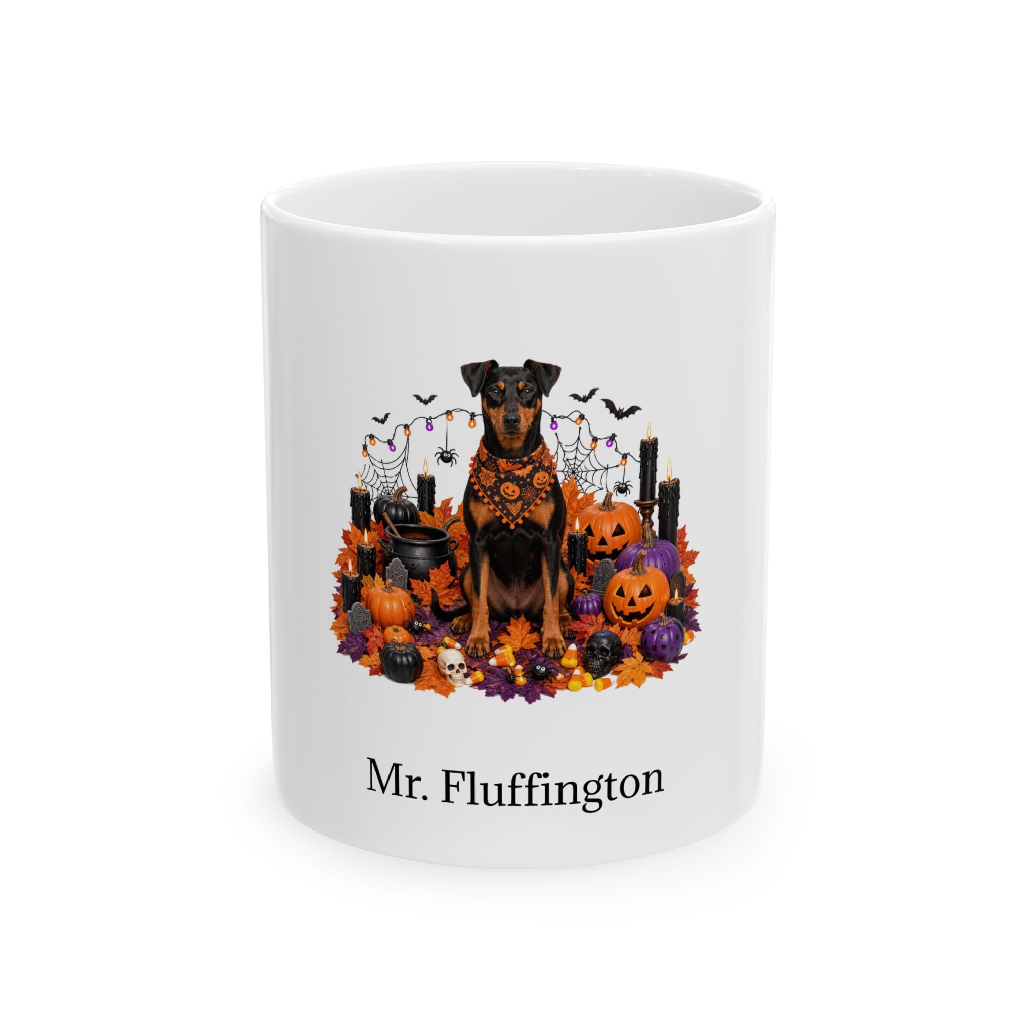 Personalized German Pinscher dog Halloween mug, 11oz white ceramic, with custom pet name on front