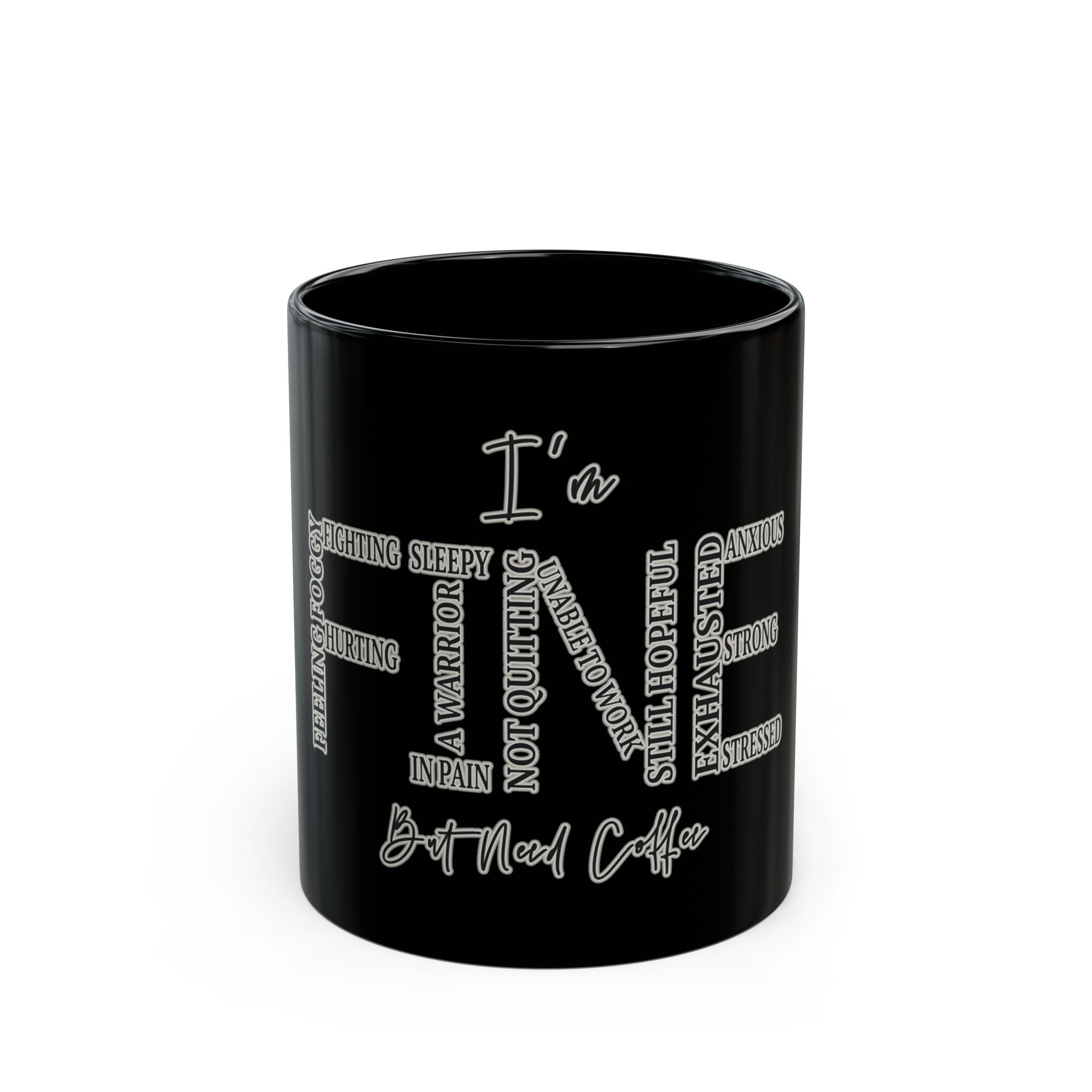 Black ceramic coffee mug with the text I'm FINE and other words describing feelings.