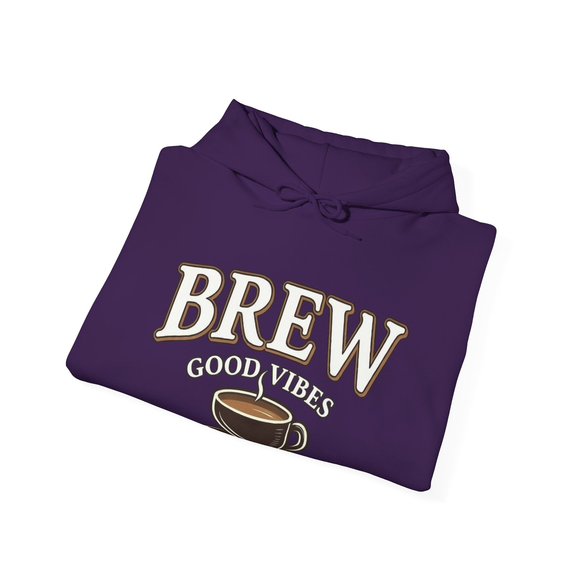 A purple hoodie with "Brew Good Vibes" and a coffee cup graphic.