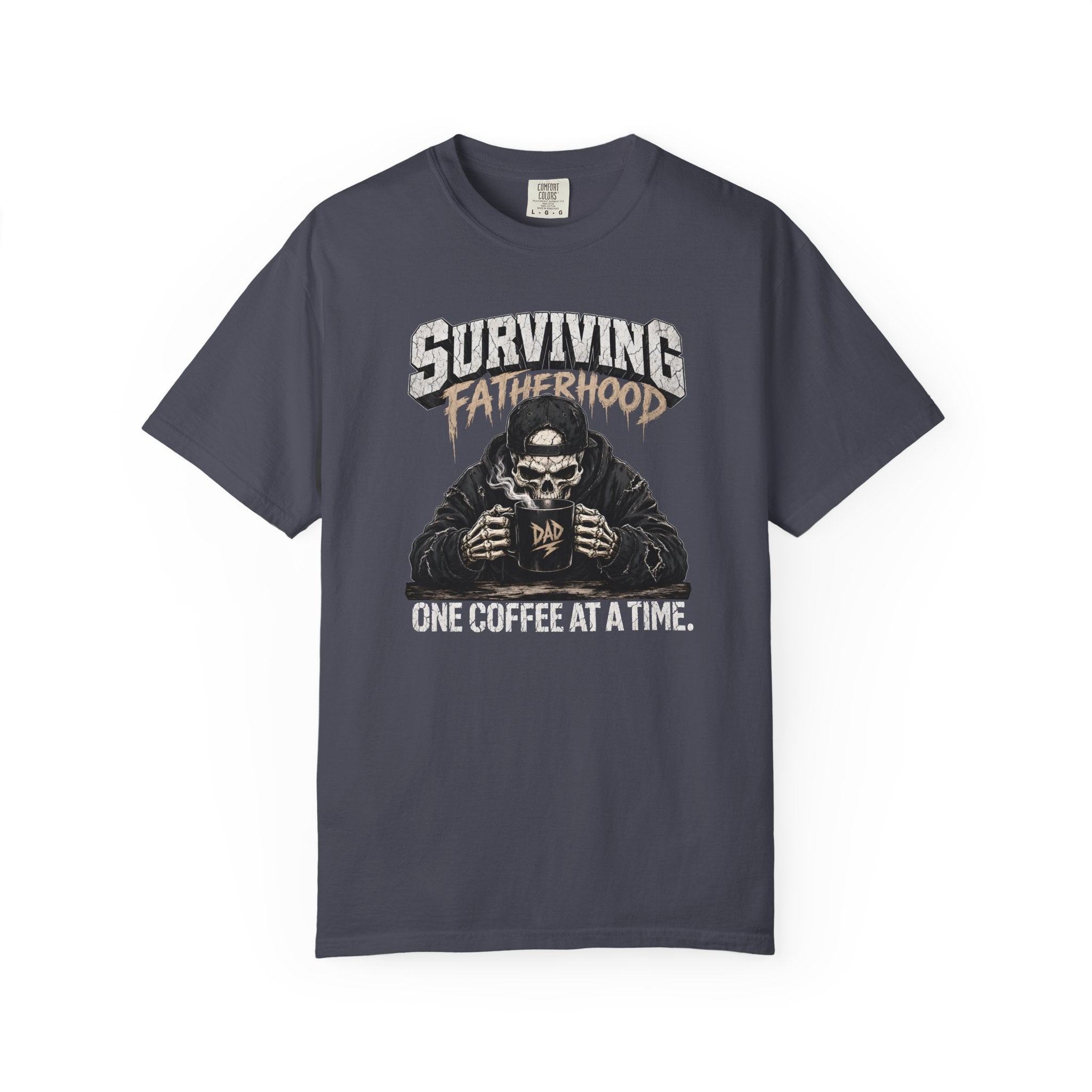 Dark grey unisex t-shirt with a skeleton graphic drinking coffee and text Surviving Fatherhood.