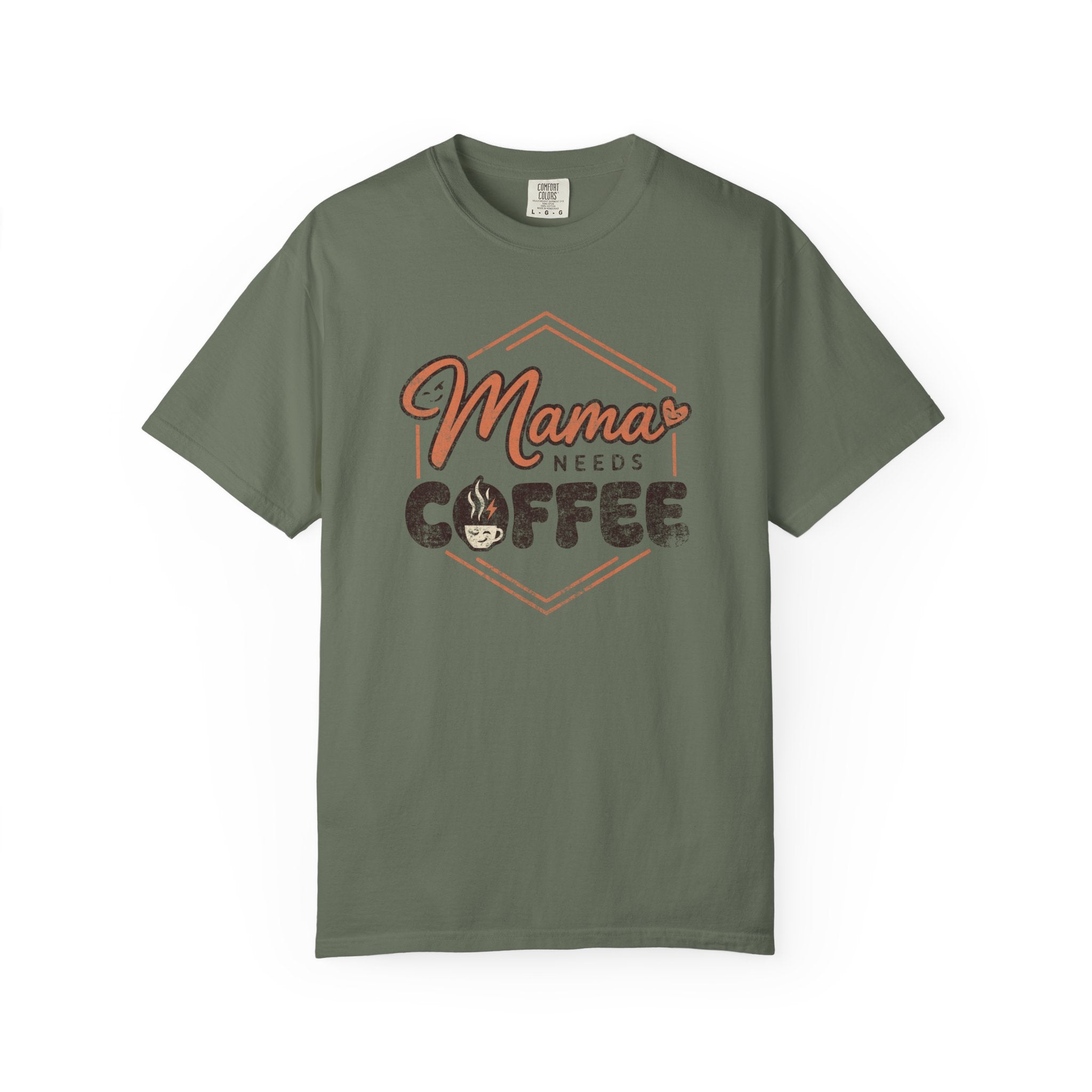 Olive green unisex t-shirt with a distressed graphic reading Mama Needs Coffee.