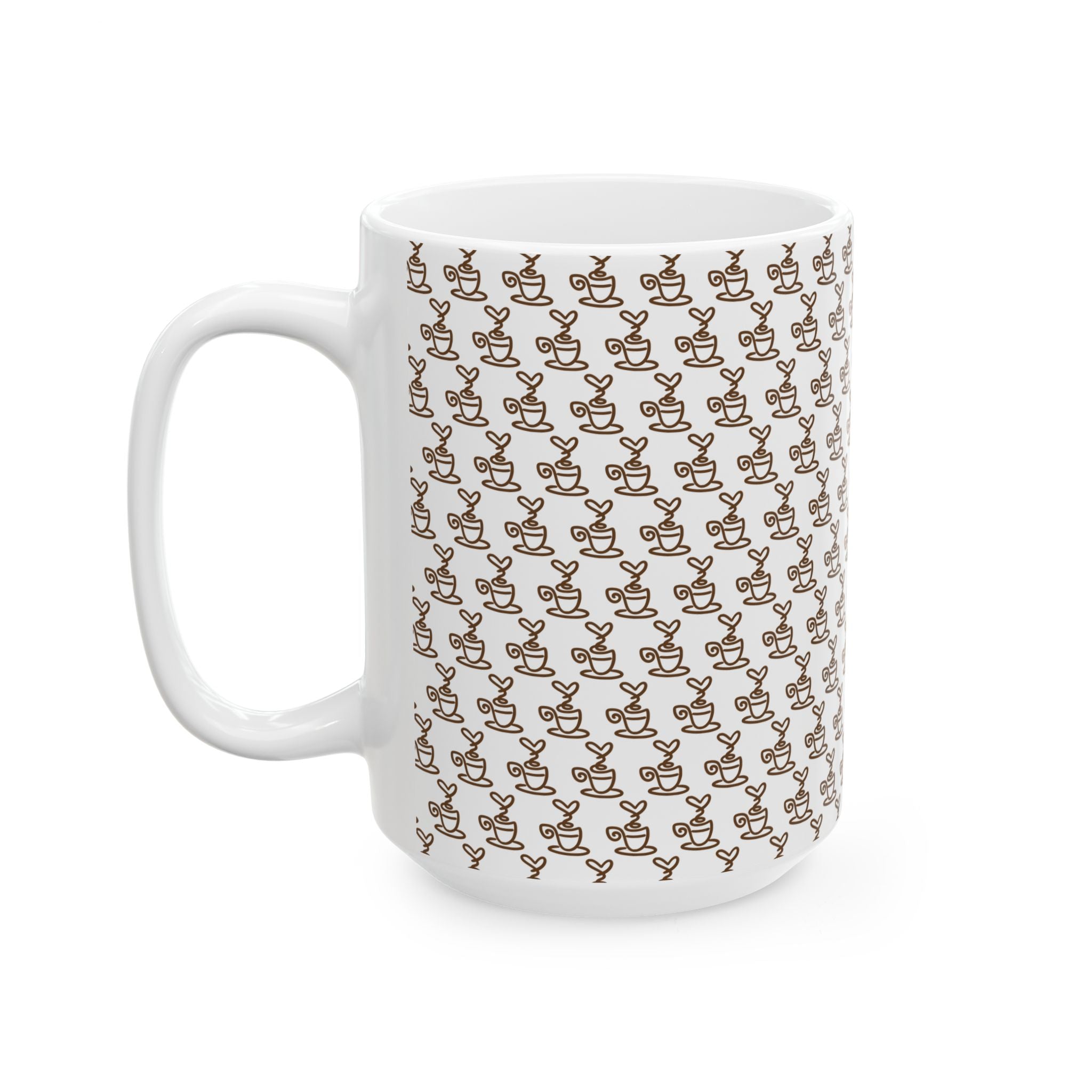 A white ceramic mug featuring a repeating brown line-art pattern of coffee cups with heart steam.