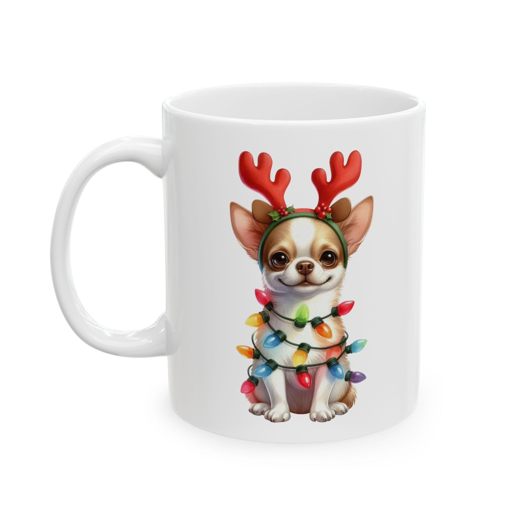 White ceramic mug with a festive chihuahua wearing reindeer antlers and Christmas lights.