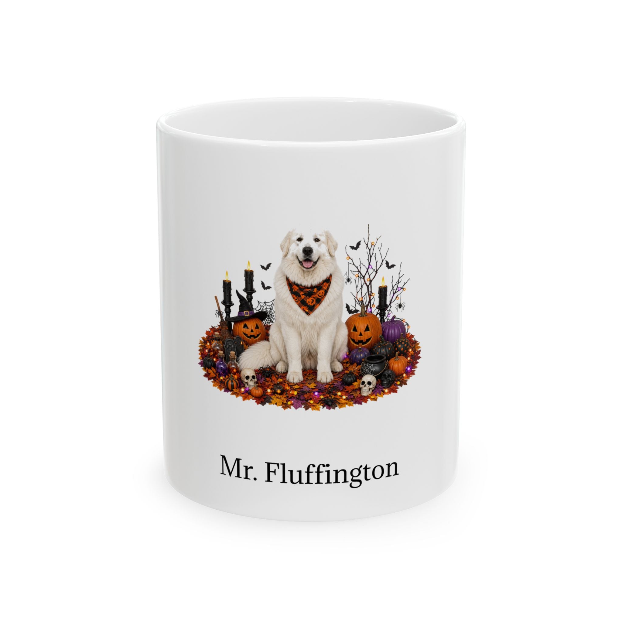 Personalized Great Pyrenees dog Halloween mug, 11oz white ceramic, with custom pet name on front