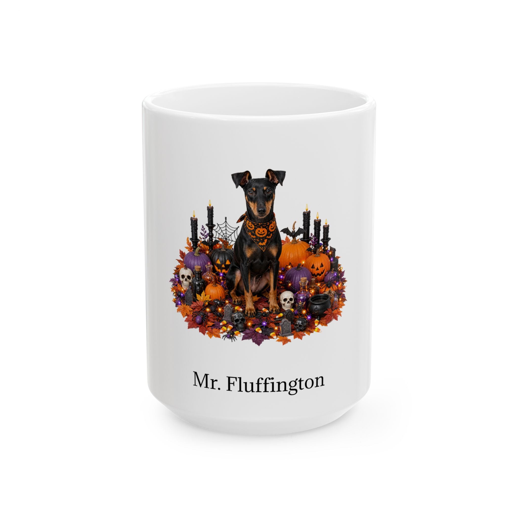 Personalized Manchester Terrier dog Halloween mug, 15oz white ceramic, with custom pet name on front