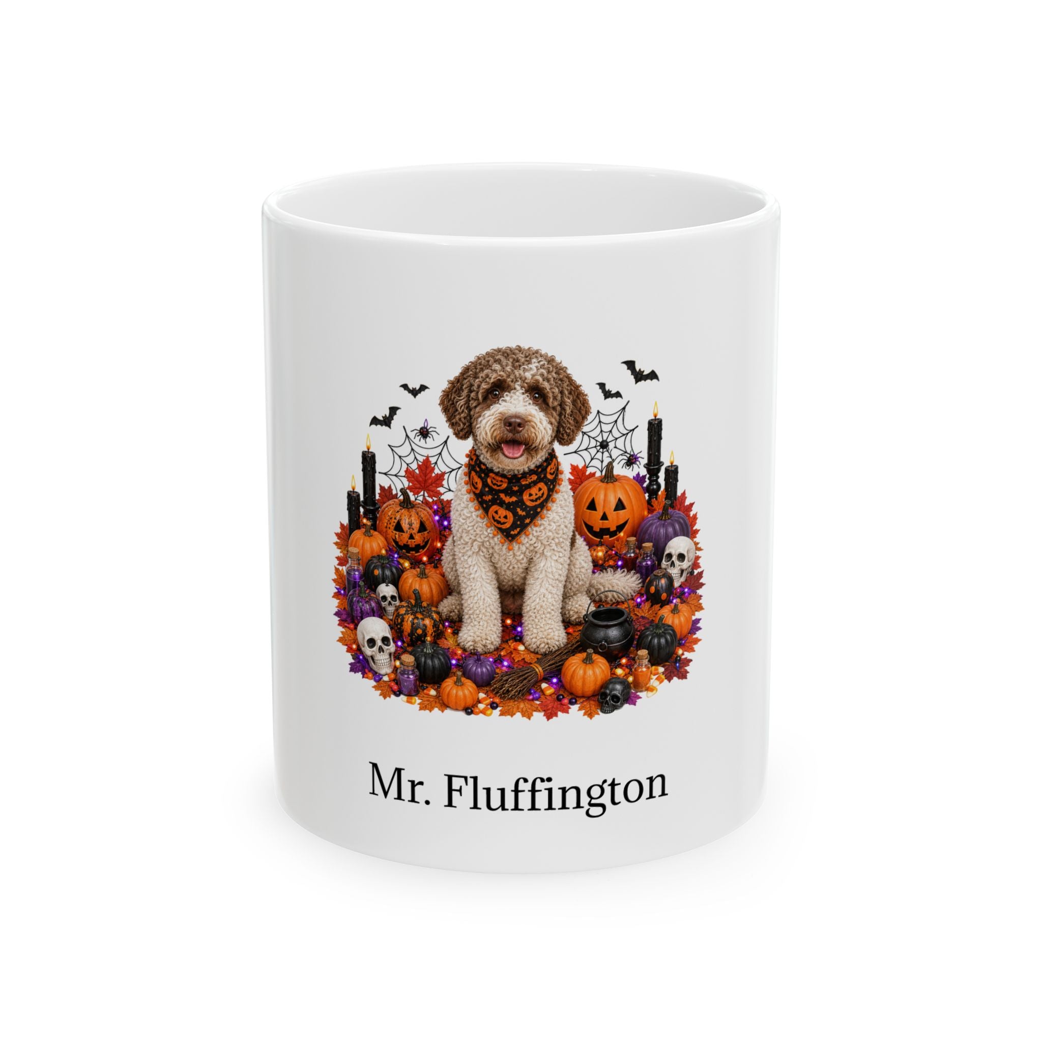 Personalized Lagotto Romagnolo dog Halloween mug, 11oz white ceramic, with custom pet name on front