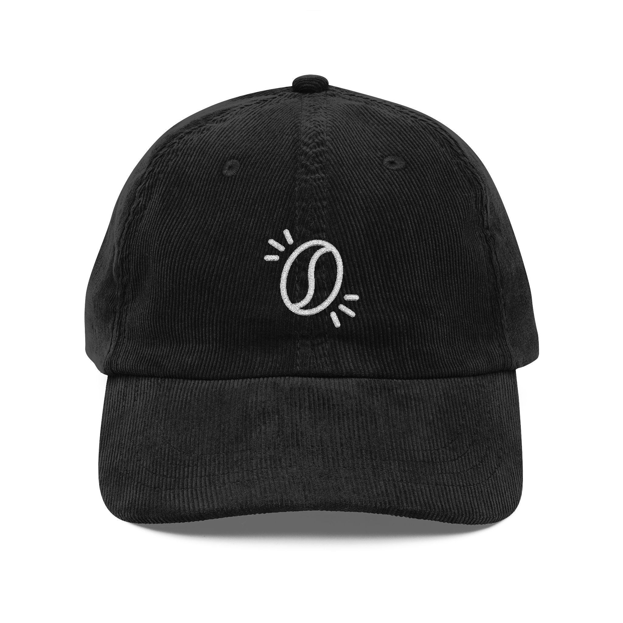 A black corduroy dad hat featuring a white embroidered coffee bean icon on the front.