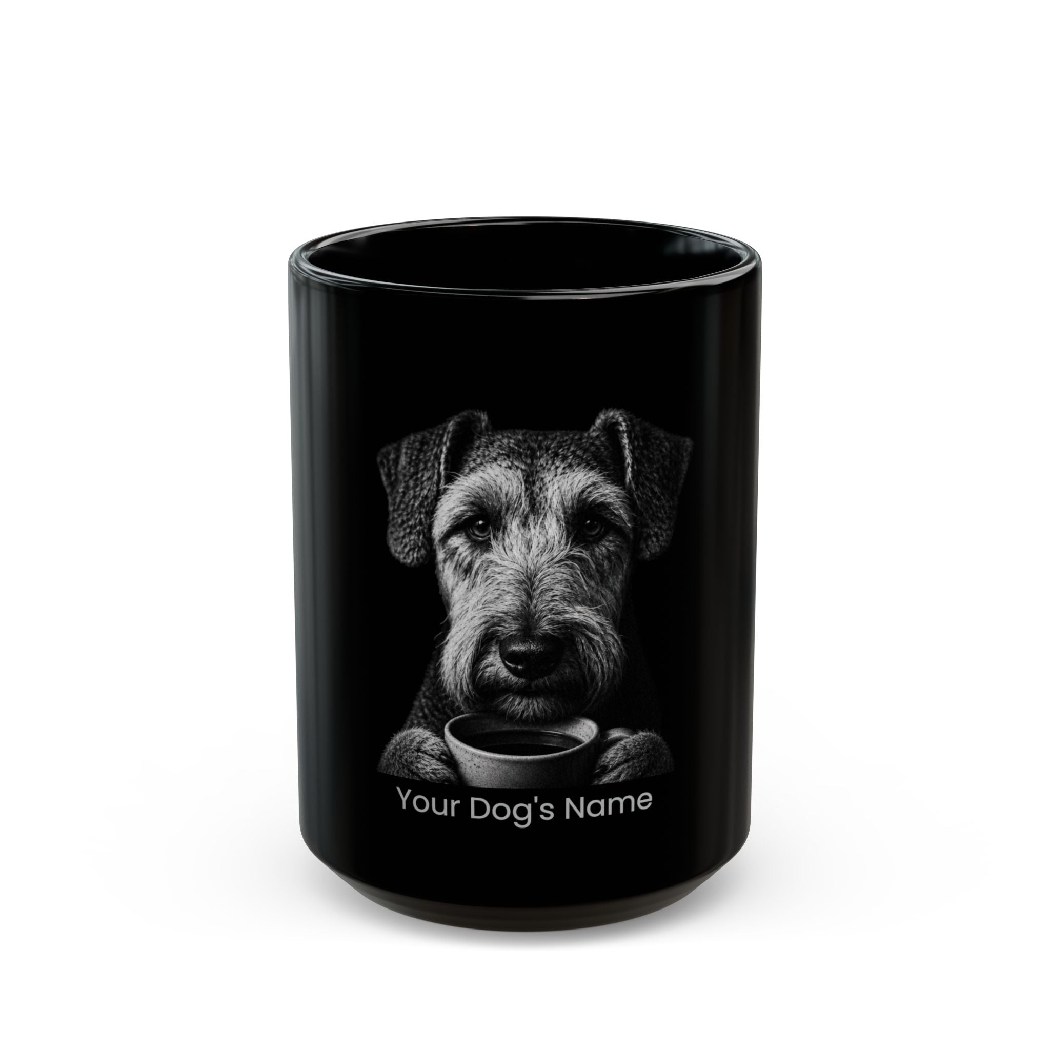 Personalized Lakeland Terrier black ceramic coffee mug with custom dog name