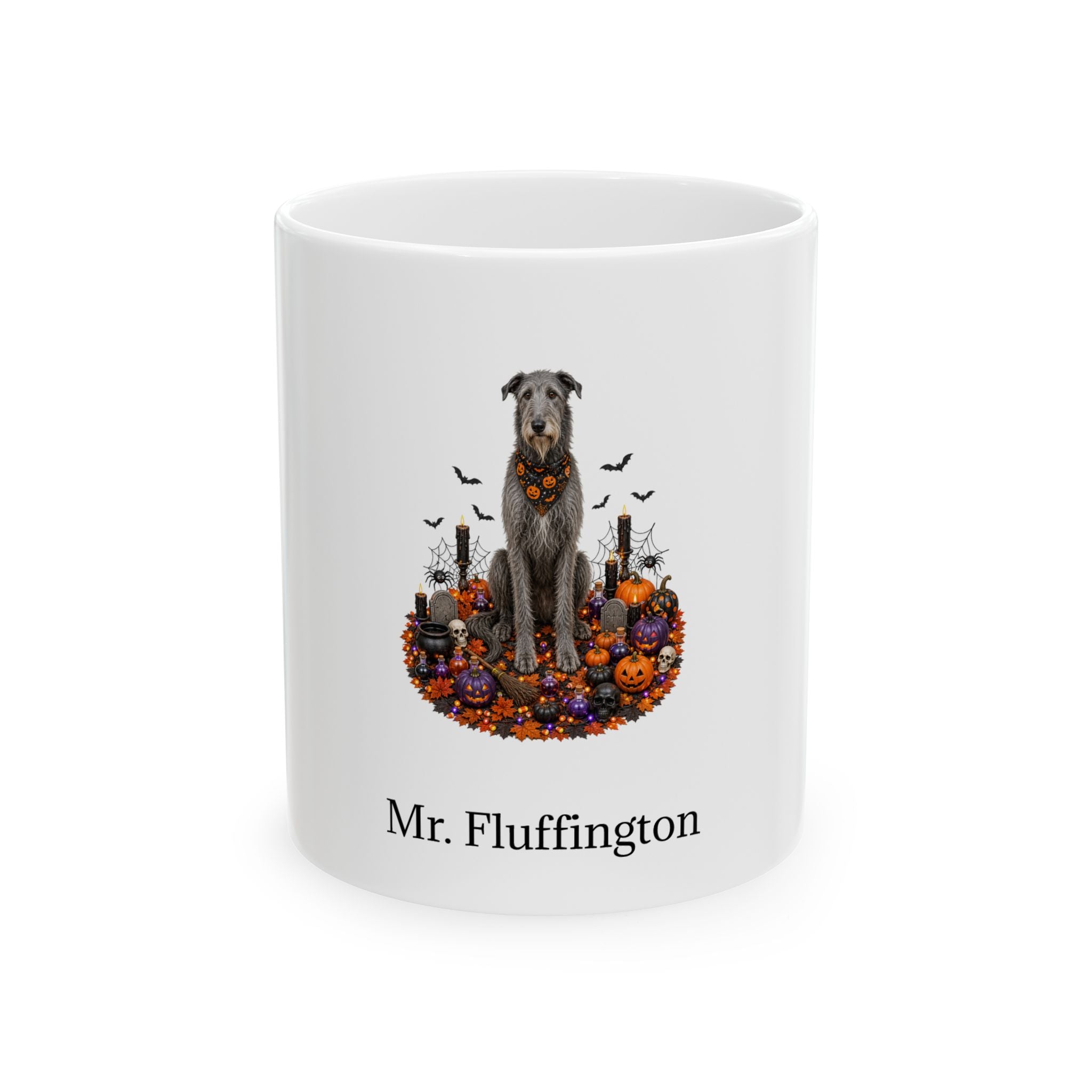 Personalized Scottish Deerhound dog Halloween mug, 11oz white ceramic, with custom pet name on front