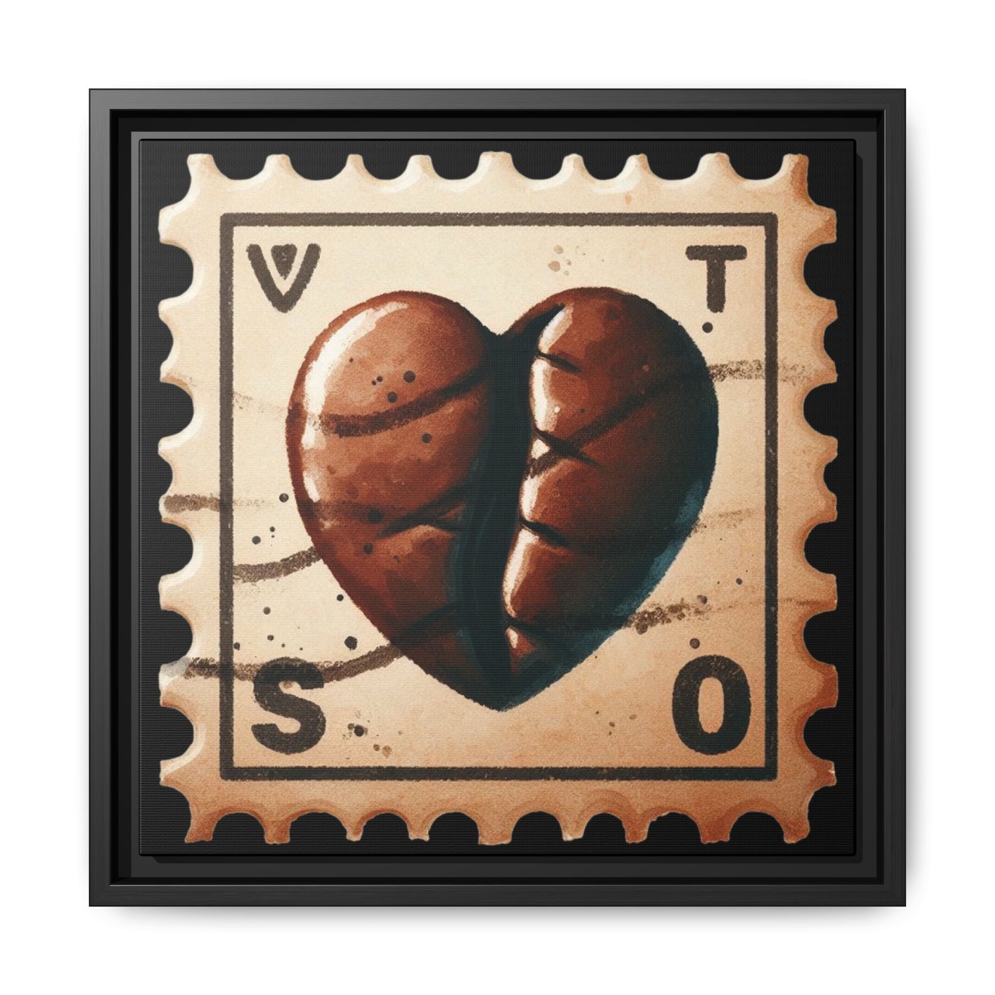 Vintage Coffee Bean Heart Stamp Framed Matte Canvas Wall Art - 14x14