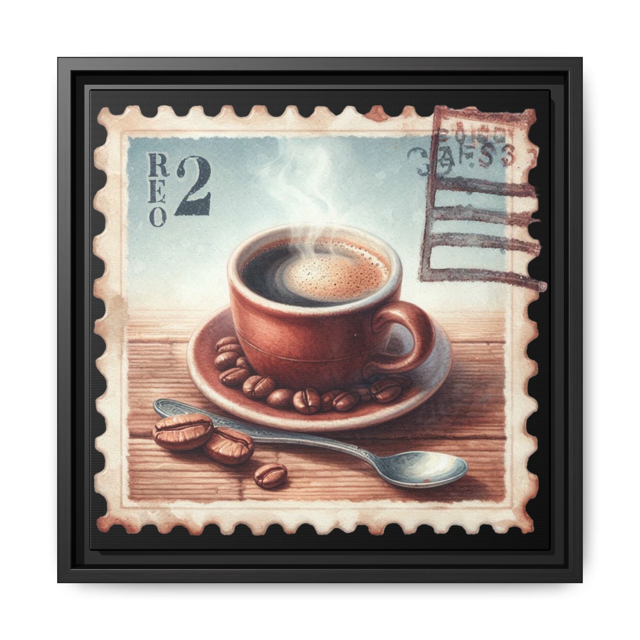 Vintage Coffee Stamp Framed Canvas Art | 14x14 Kitchen Wall Decor