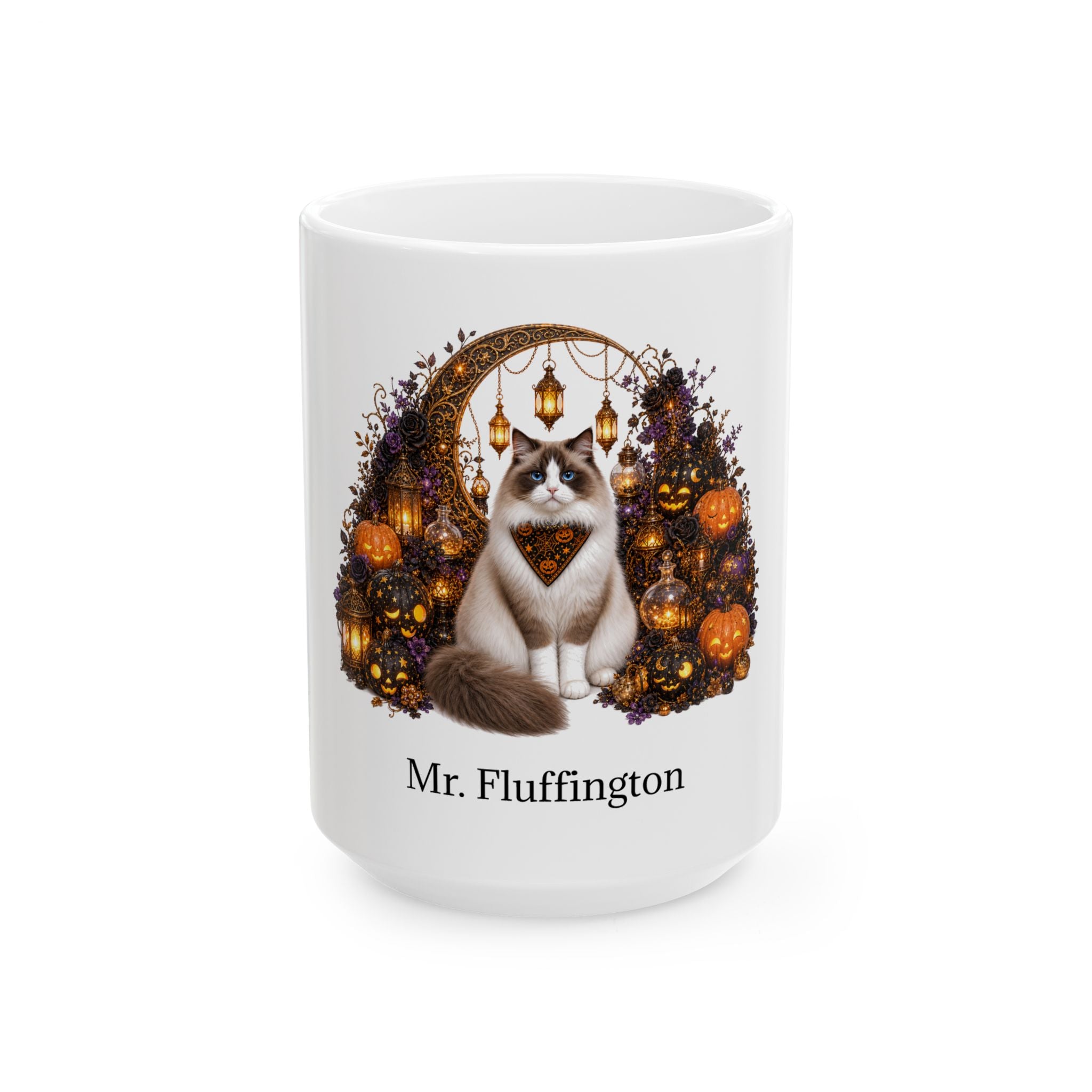 Personalized Ragdoll cat Halloween mug, 15oz white ceramic, with custom pet name on front