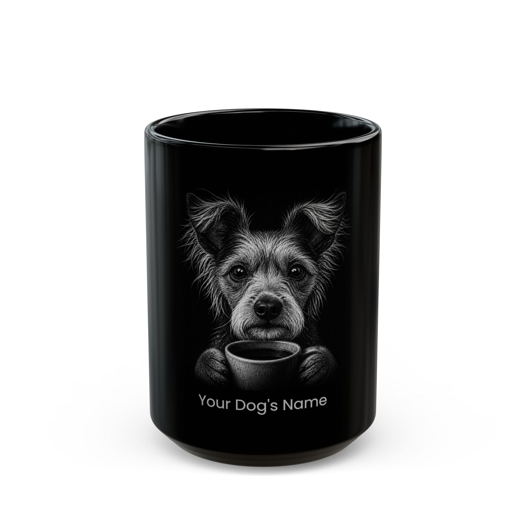 Personalized Chinese Crested black ceramic coffee mug with custom dog name
