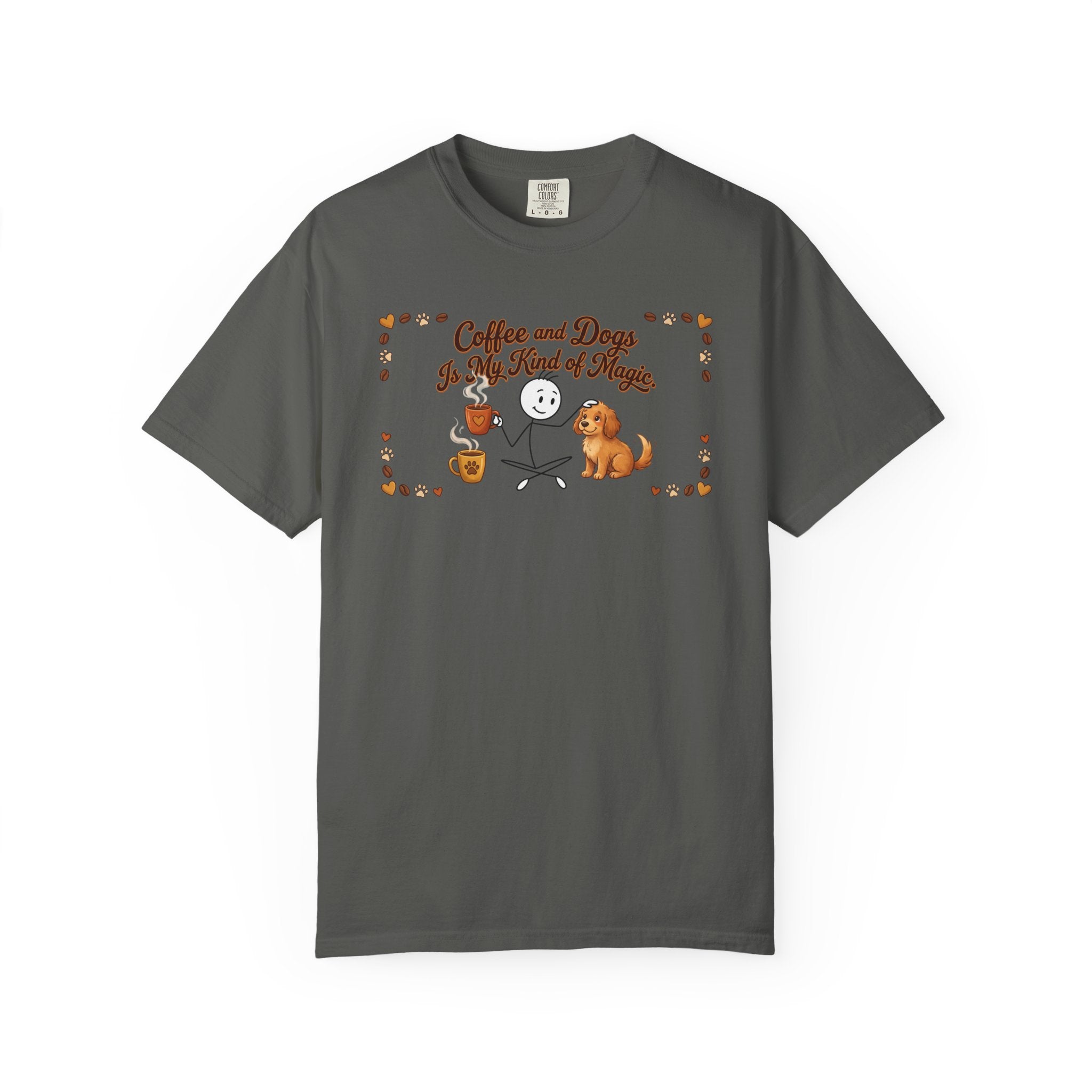 Charcoal grey t-shirt featuring a stick figure with a dog and coffee mugs graphic.