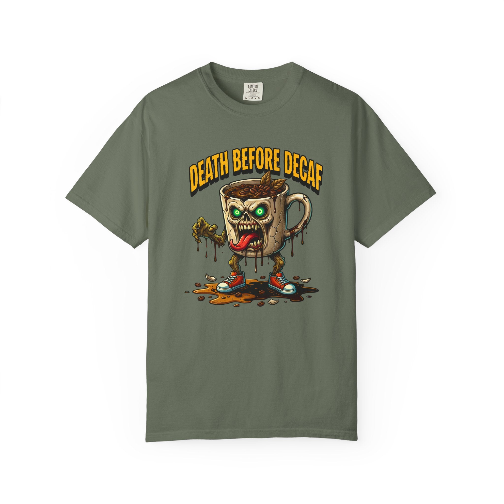 Olive green t-shirt featuring a graphic of a zombie coffee mug with sneakers and coffee beans.