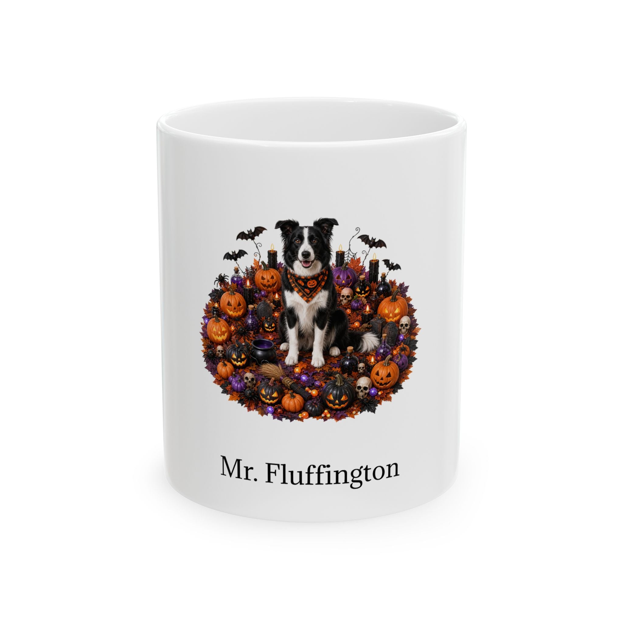 Personalized Border Collie dog Halloween mug, 15oz white ceramic, with custom pet name on front