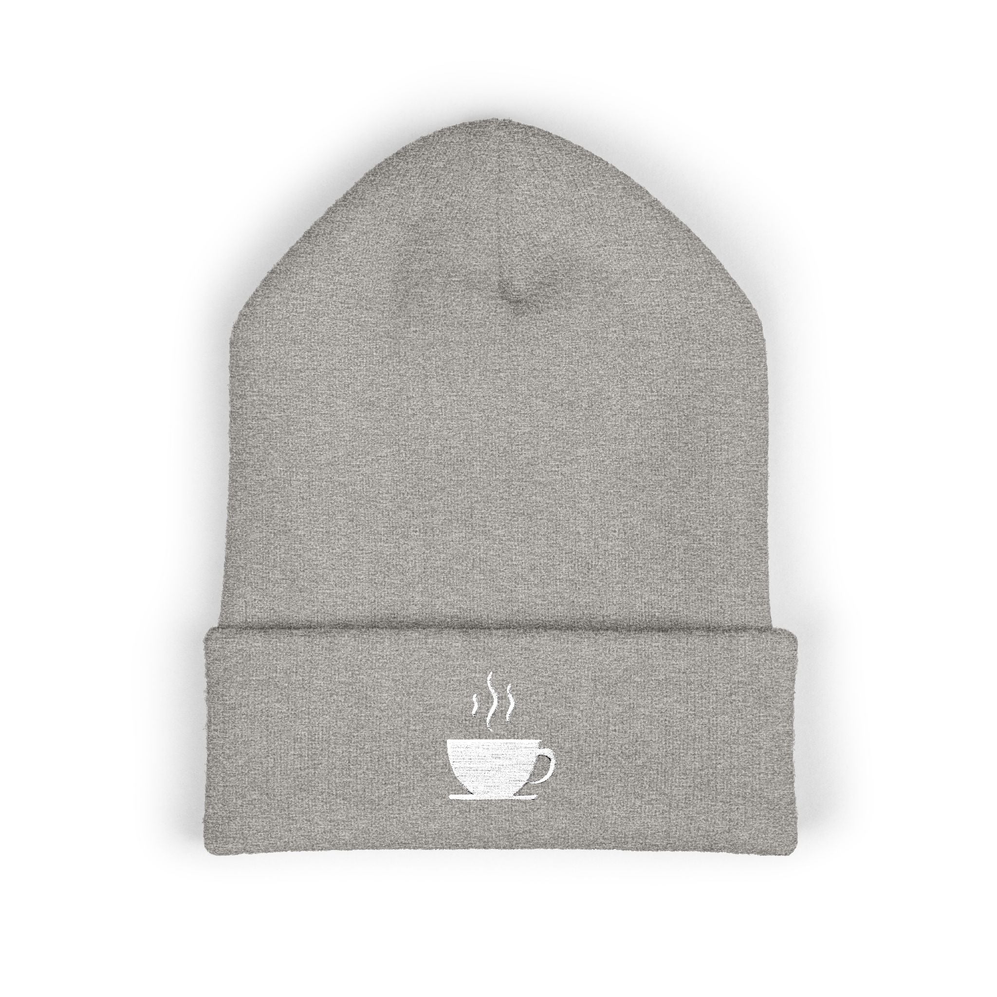 A gray knit beanie with a white embroidered coffee cup and steam.