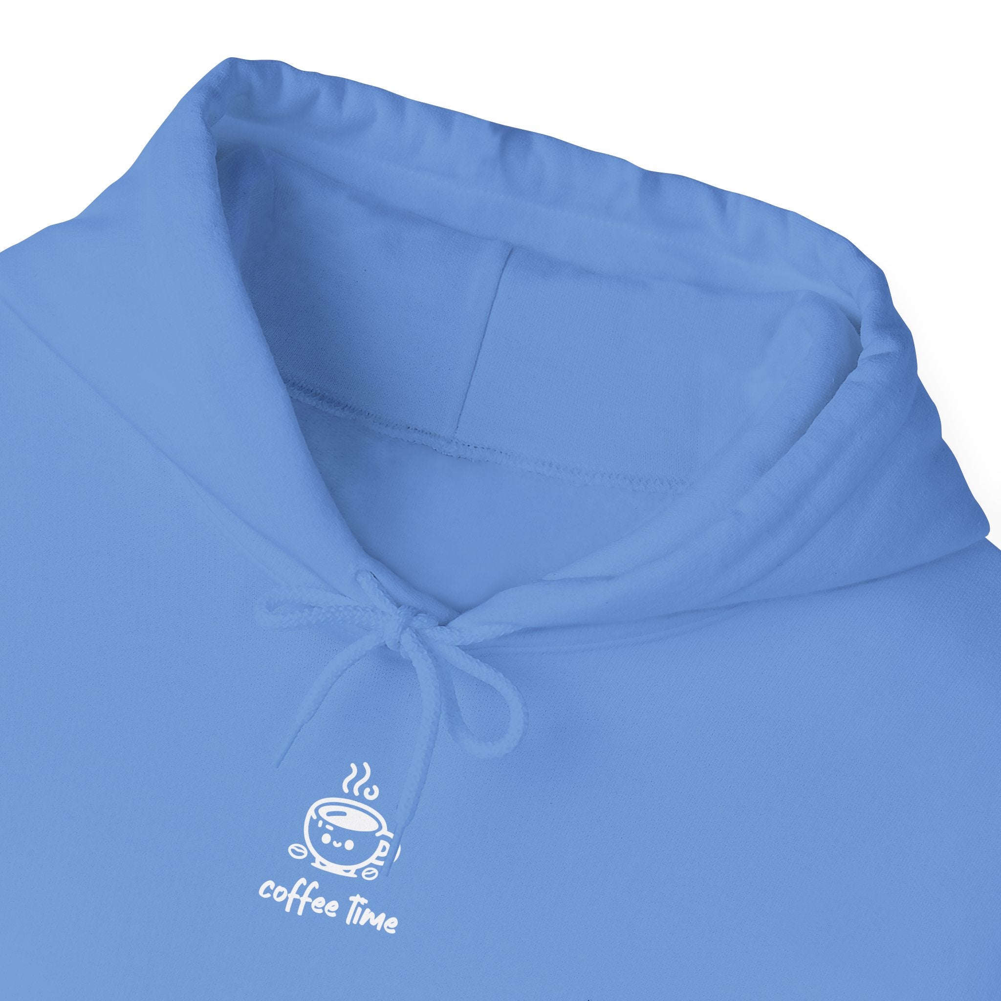 A pastel blue fleece hoodie featuring a small white graphic of a smiling coffee cup.