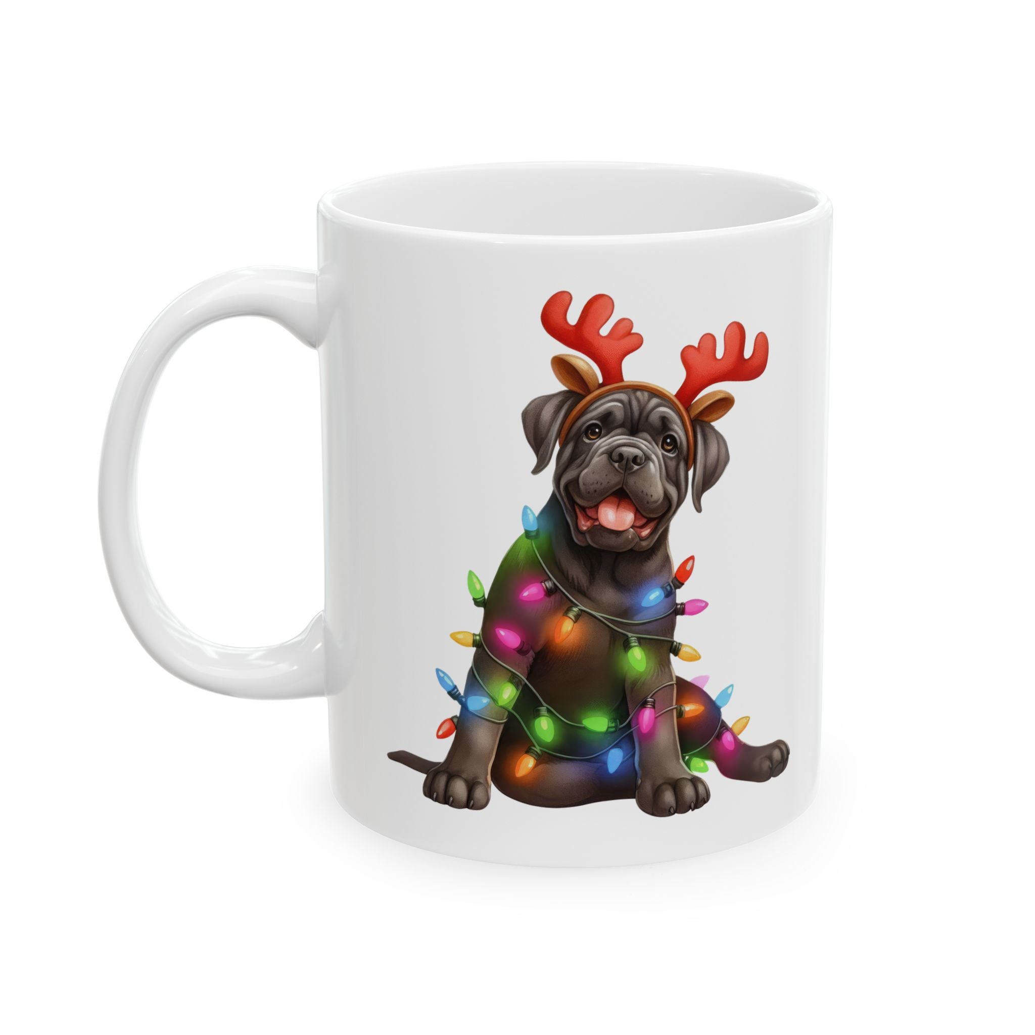 White ceramic mug with a Cane Corso puppy wearing reindeer antlers and Christmas lights.