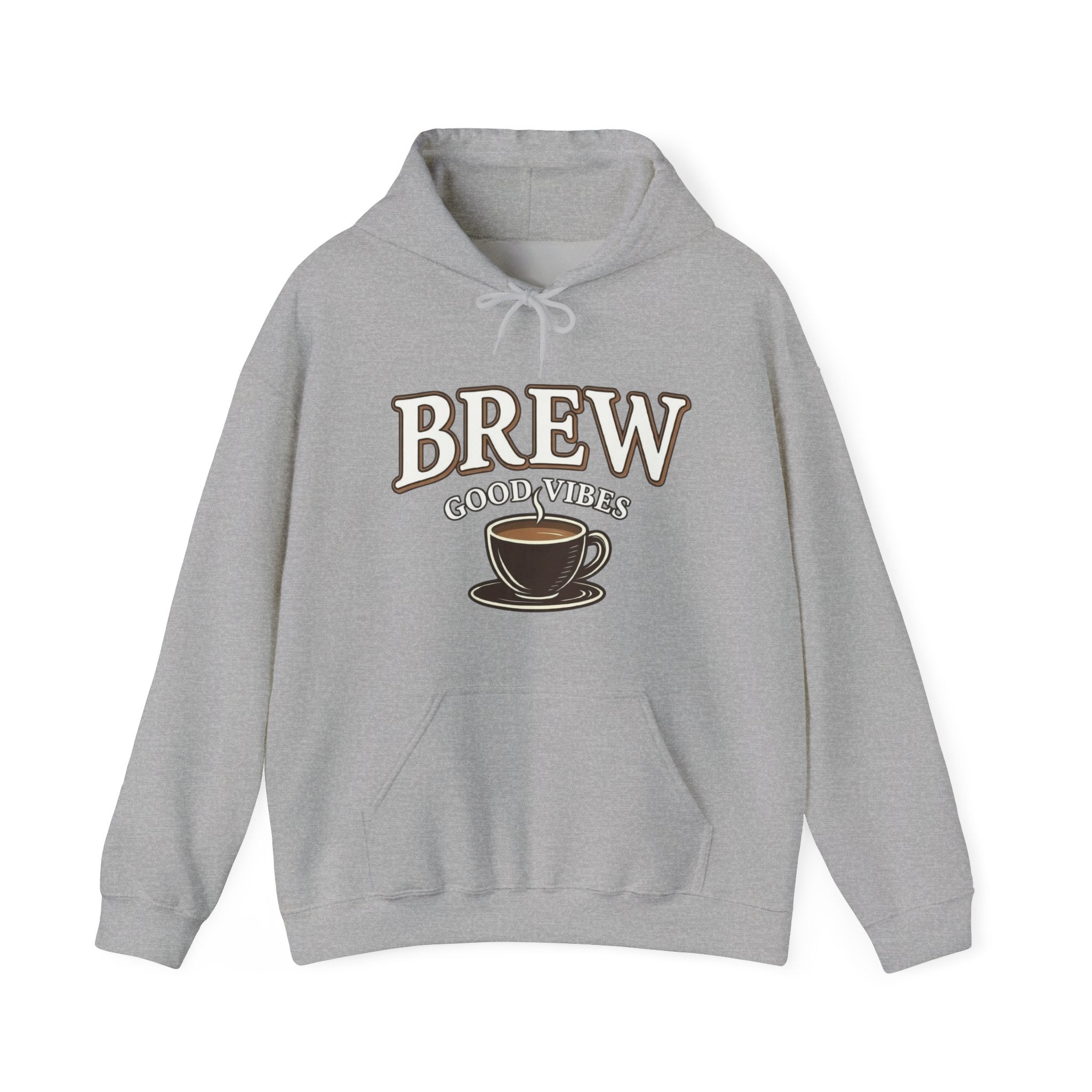 A gray hoodie with "BREW GOOD VIBES" text and a coffee cup graphic.