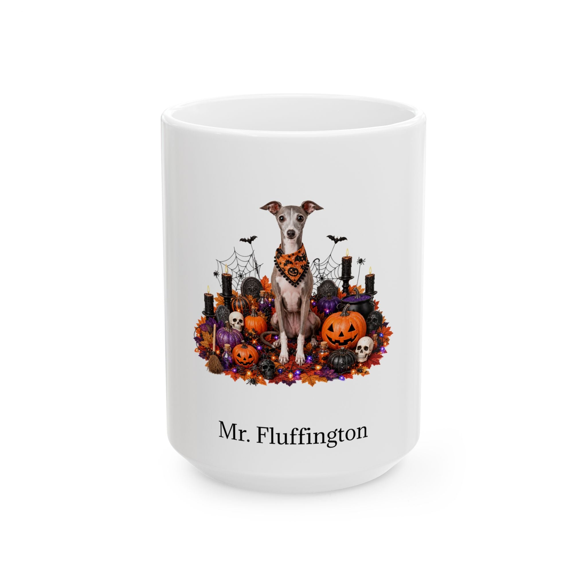 Personalized Italian Greyhound dog Halloween mug, 15oz white ceramic, with custom pet name on front